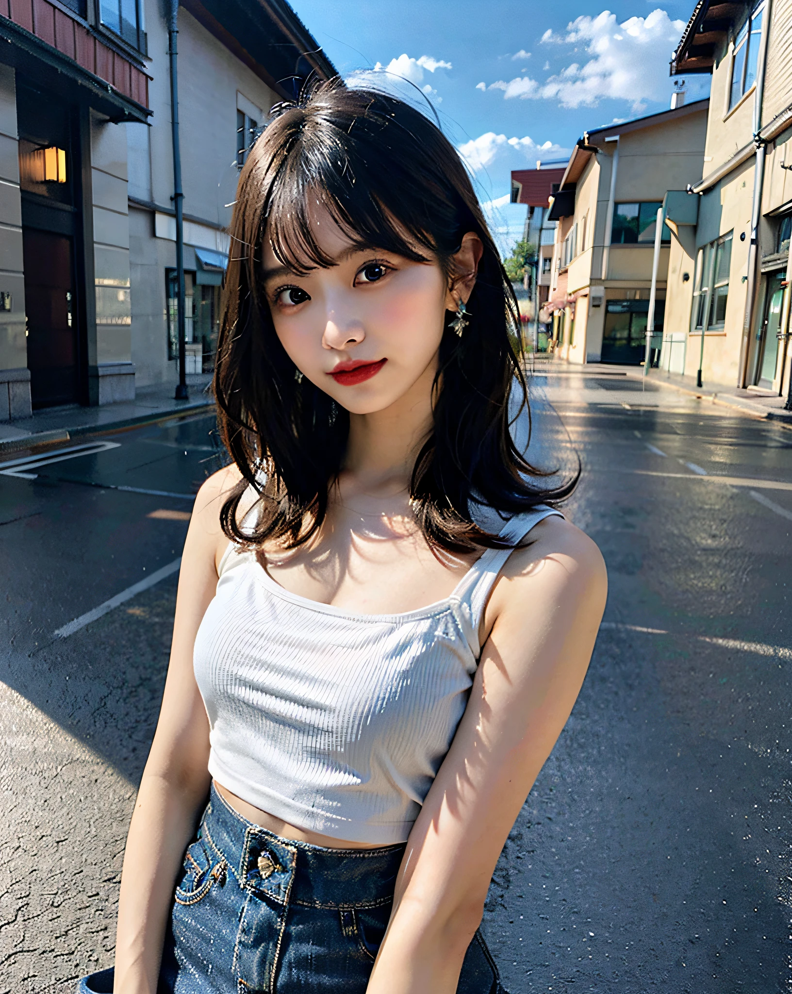 top-quality、Hi-Res、8K、Girl 1 Mature Mature Mature Woman Person、during the day、、A dark-haired、short-cut、with light glowing、outside of house、Luxury、(Medium Hair)、Beautiful detail sky、Beautiful earrings、(dynamicposes:0.8)、(fullllbody:1.2)、Soft breeze、shinny skin、line of sight、Bust、Girl in white bra and tight denim skirt posing for photo、full bodyesbian、cropped t-shirt、bra very、