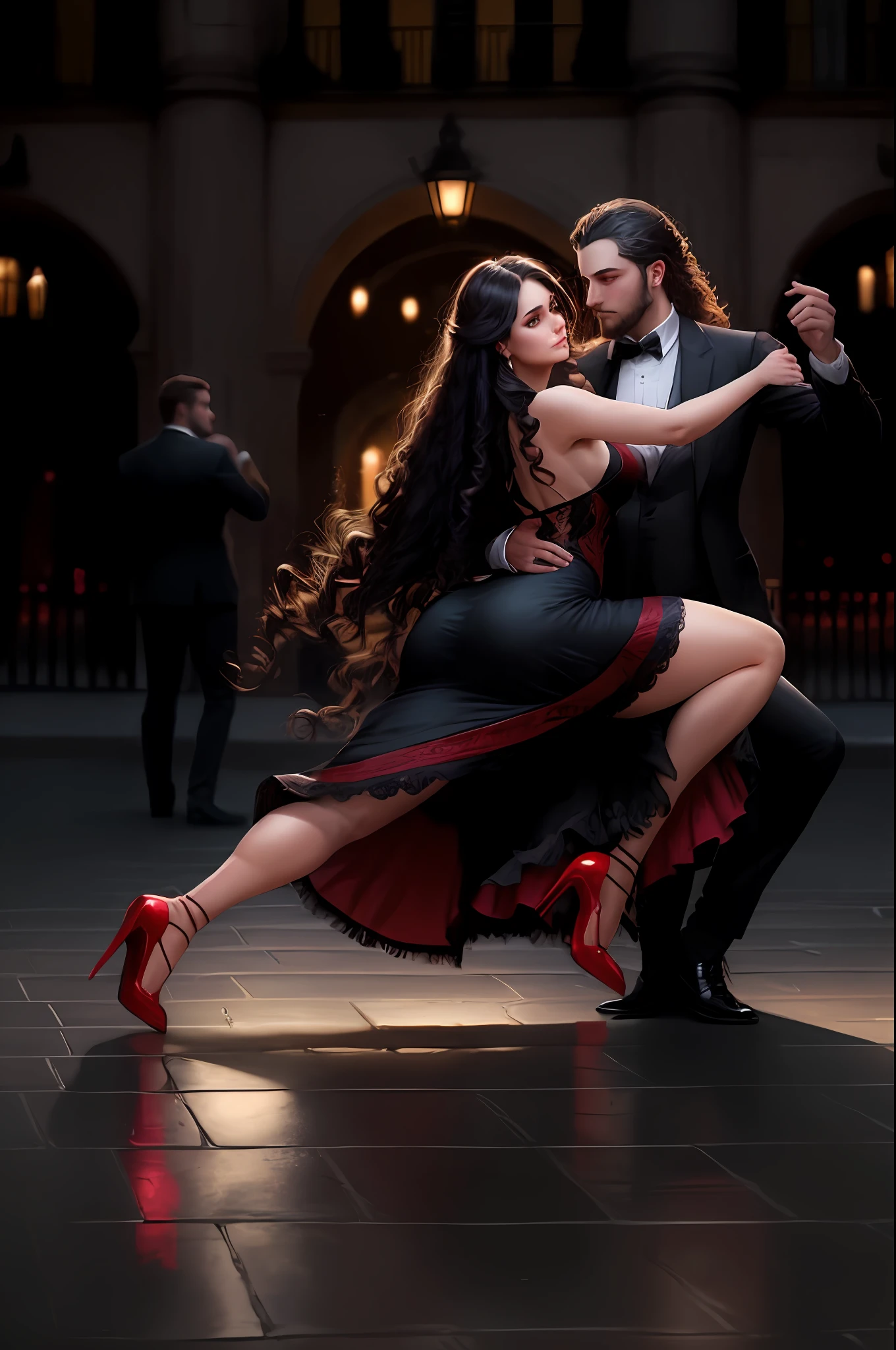 araffes in a black dress and red shoes dancing in a courtyard, sensual dancing, couple dancing, by Micha Klein, salsa dancing, valentina remenar, by Emma Andijewska, alexey egorov, by Aleksander Kotsis, wlop and andrei riabovitchev, by Meredith Dillman, by Elias Ravanetti
