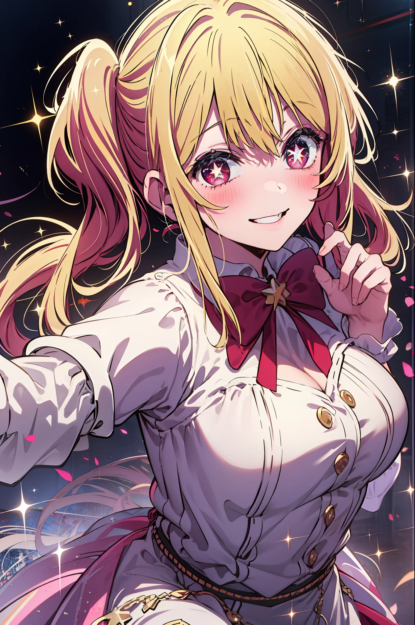 1girl, solo, Hoshino Ruby, symbol-shaped pupils, (left star-shaped pupils:1.2), sparkling eyes, (star in left eye:1.2), symbol in eye, red eyes, long hair, blonde hair, bangs, blush, (side ponytail:1.1), (dress:1.2), on the stage, idol, dancing, spotlight, smile, (masterpiece:1.2), highres, best quality, 8k, very clear,