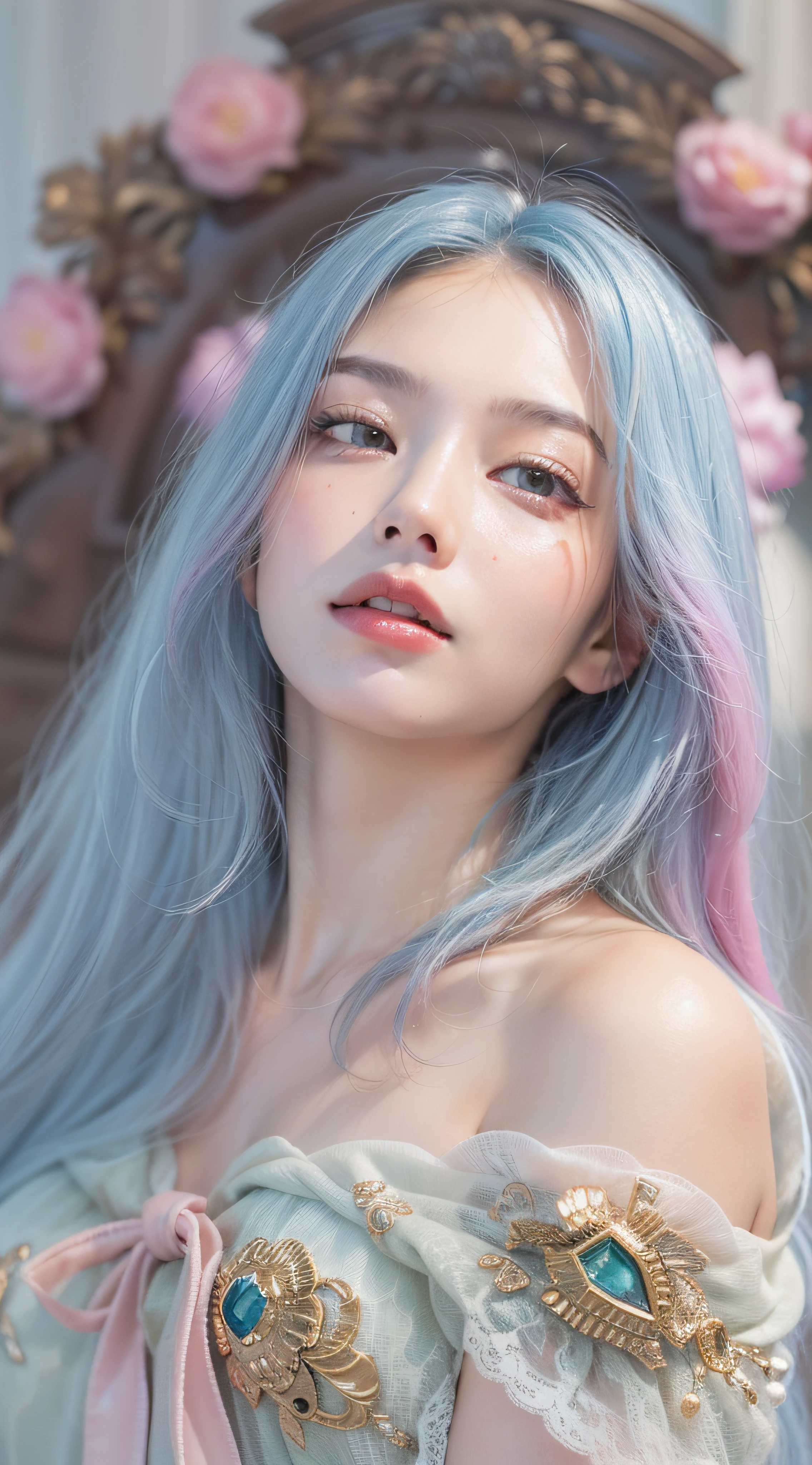 (masterpiece), best quality, ultra-detailed, extremely realistic painting, beautiful and well-proportioned human face, high resolution, soft and delicate facial features, natural and smooth skin texture, warm and soft lighting, gentle and graceful atmosphere. (Full body shot:1.5), (aesthetic, cozy, flower decor), (blue or pink or purple bedding covers:1.2), (1girl:1.5), (Anatomically correct model, strikingly long hair+dyed hair:1.2), slightly messy, bare shoulders, flat stomach, asymmetrical cut+eye-catching bangs:1.3, (detail textured lace:1.21), (flexing posture:1.5), (Depth of field:1.2), (Ray tracing:1.1), (Sparkle:1.1), (Cinematic shot:1.1), (Lens flare:1.1), (Wide-angle:1.1), (Textured skin:1.5), (Super detail:1.2), (Highly detailed, photo-realistic skin with visible pores and glistening, sweat-beaded surface).