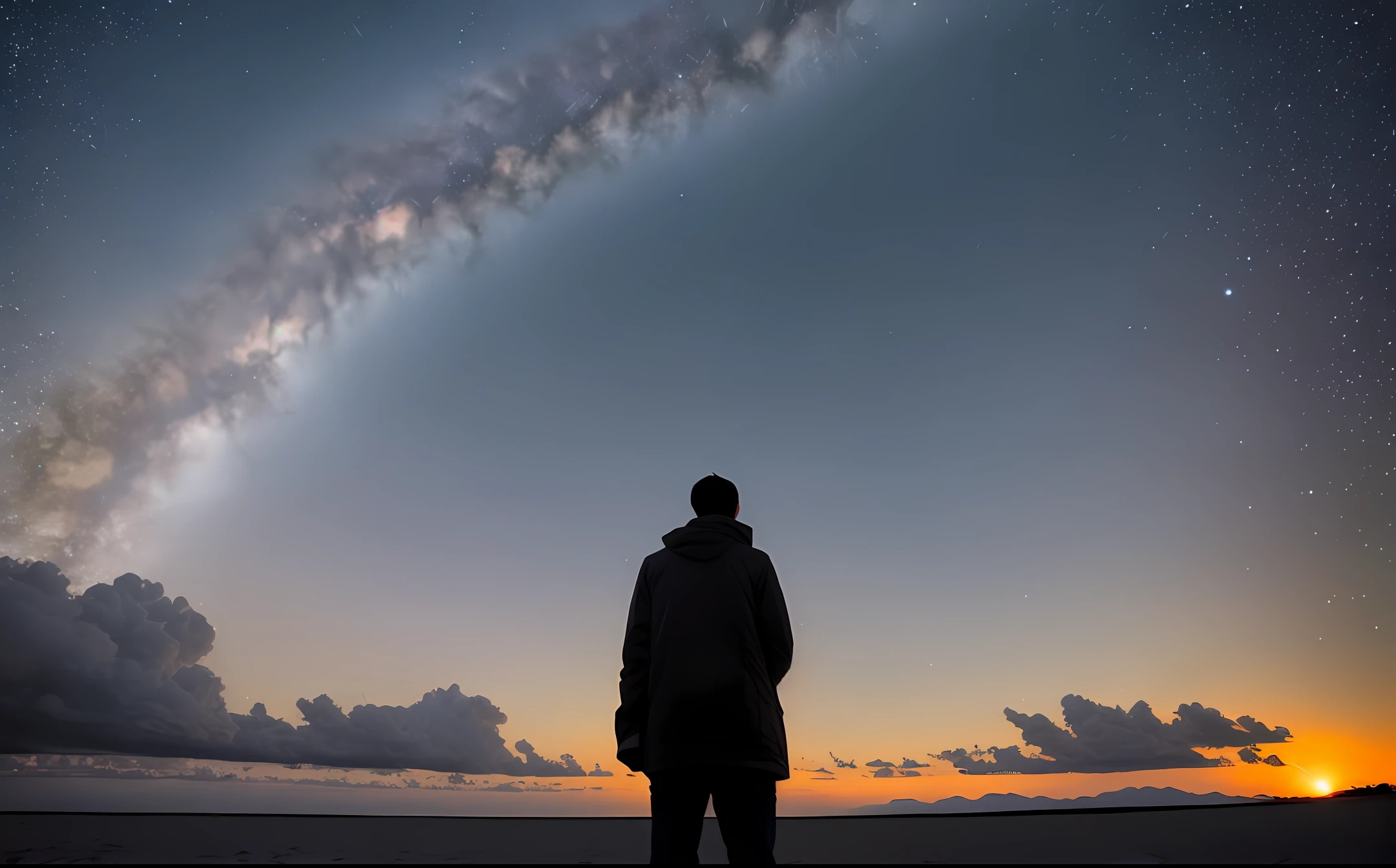 Generate an image of a man in a natural setting, such as an open field or a beach, looking up at the sky with an expression of awe or contemplation. The man can be alone or surrounded by elements that convey peace and tranquility. The sky should be depicted with a breathtaking atmosphere, featuring vibrant colors and soft clouds or bright stars. The goal is to convey a sense of awe for the vastness of the universe and the human connection to the infinite. Be creative in composing the image and capture the emotion and magnitude of the moment.