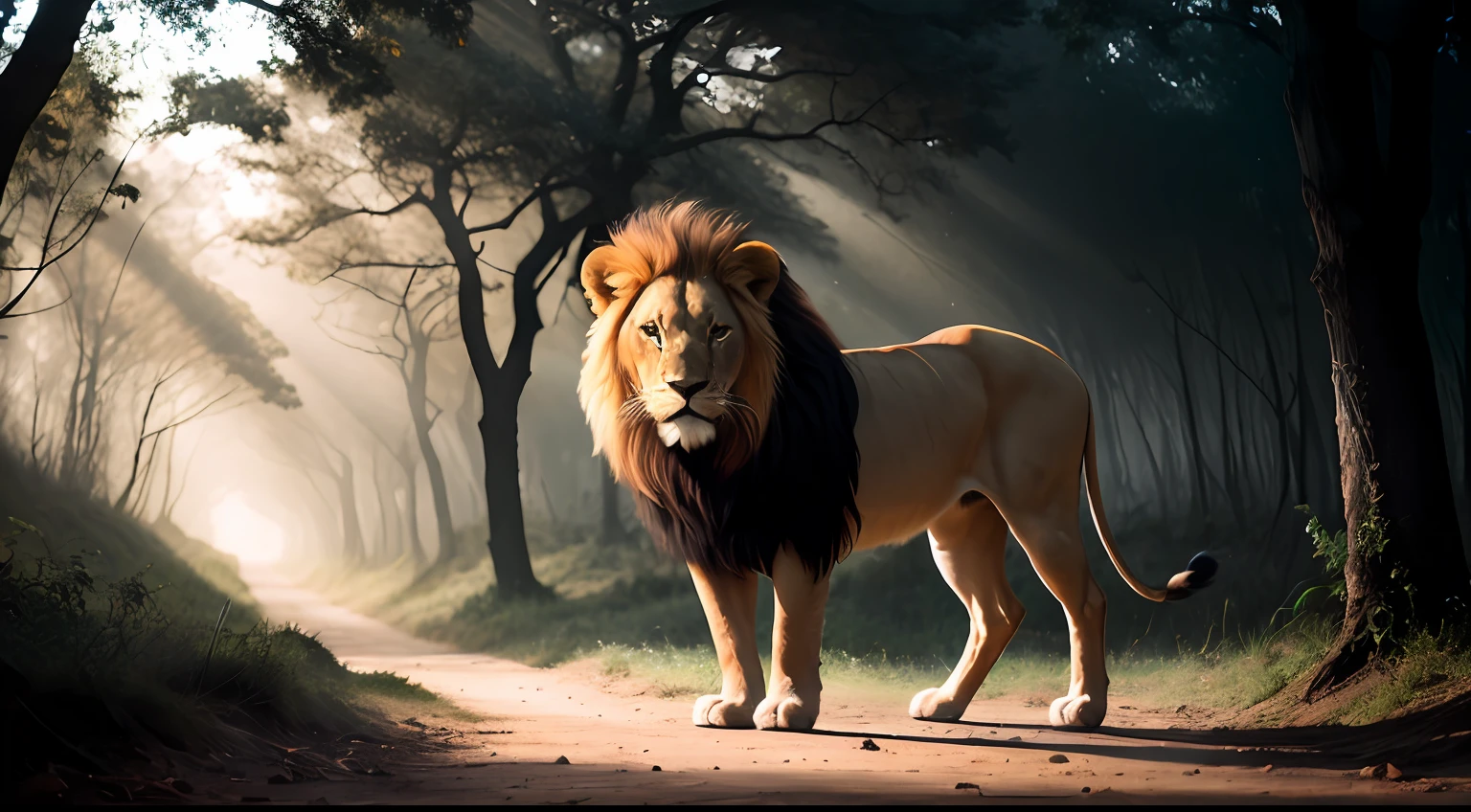 1 Shining lion walking in a dark and mysterious forest, fantasia e nevoeiro, Ray of sunshine coming through the tree, fotografiarrealista, fotografia, obra-prima, realista, Realismo, renderizado, Alto contraste, digital art photographyrealistic trend in Artstation 8k HD high definition detailed realistic, detalhado, textura da pele, hiper detalhado, Textura realista da pele, armadura, melhor qualidade, ultra alto nada, (fotografiarrealista: 1.4),, alta resolução, detalhado, fotografia crua, sharp re, by Lee Jeffries Nikon D850 film Stock Photography 4 Kodak Portra 400 camera F1.6 Rich Lenses Colors Hyper Realistic Texture Dramatic Texture UnrealEngine Trend in ArtStation CineStill 800,