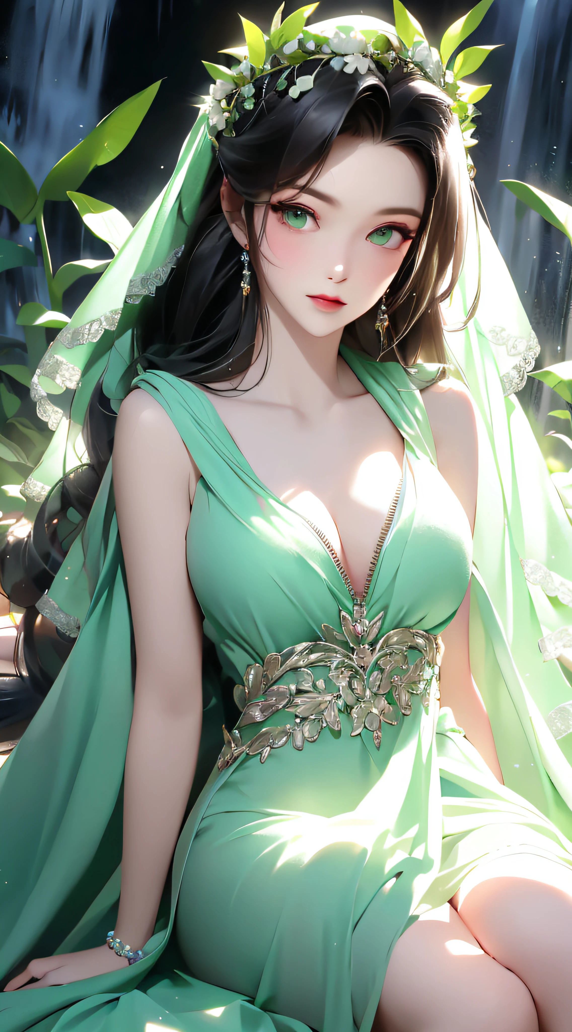 tmasterpiece,best qualtiy,8K,primitive:1.2,realisticlying:1.4,Grotesque,1 sprite,Sexy and revealing,Solo,ff Tifa,Most detailed,opens his eyes wide:1.3,eyes reflection:1.5,eyes with brightness:1.5,White skin,(Green dress,head wreath),full-length zipper,Slim,Thin leg,sitted,moon,Updraft,The upper part of the body,rainbowing,cinmatic lighting,Beautiful misty forest and waterfalls