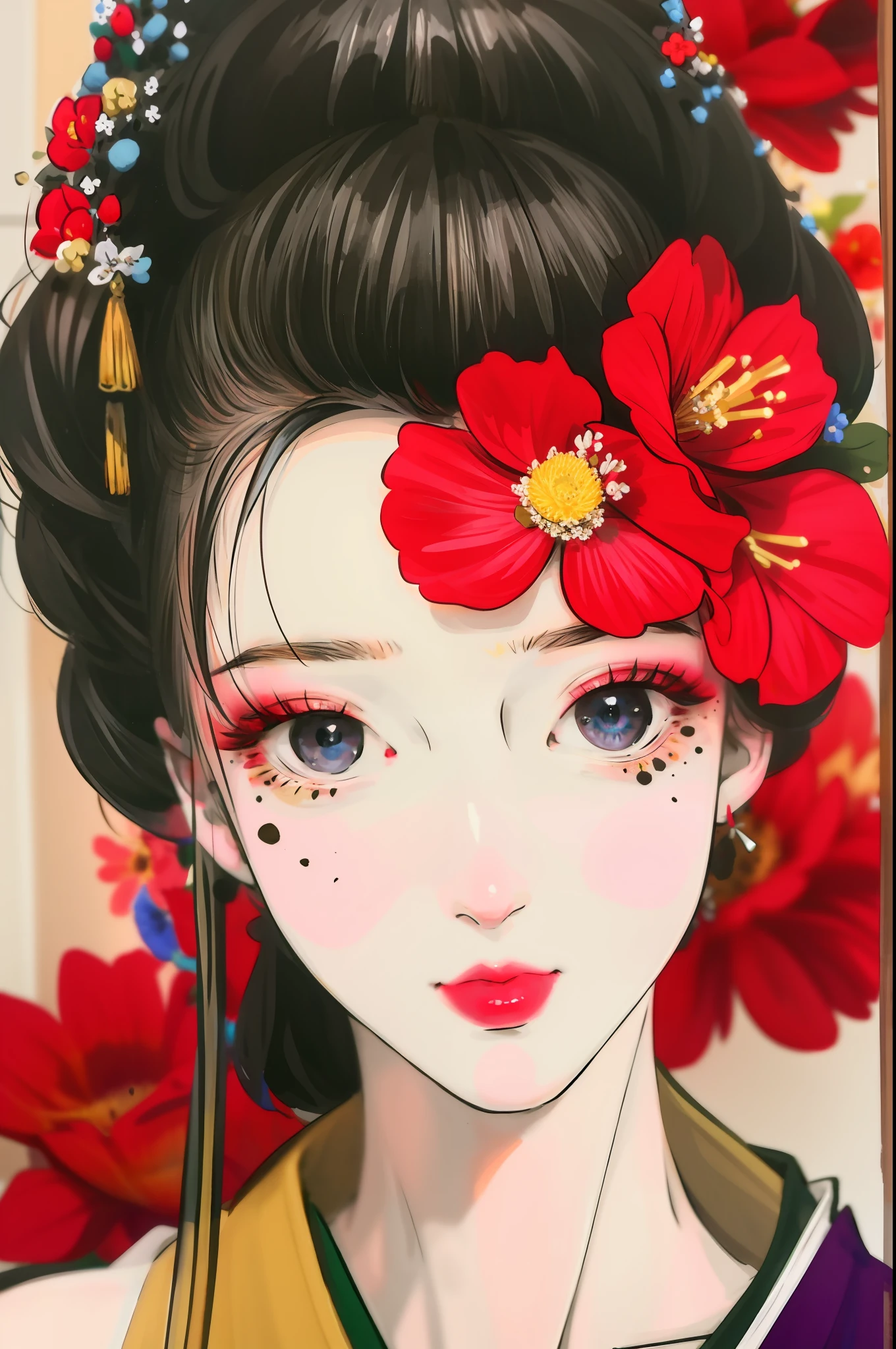 Masterpiece,Best quality,absurderes,Original,Extremely delicate and beautiful,Beautiful detailed eyes and face,1girll, black_Hair, flower, Japanese_clothes, Looking_at_peeping at the viewer, dark mole, Red_flower, Solo,(Masterpiece:1.4),(Best quality:1.4),chch-style