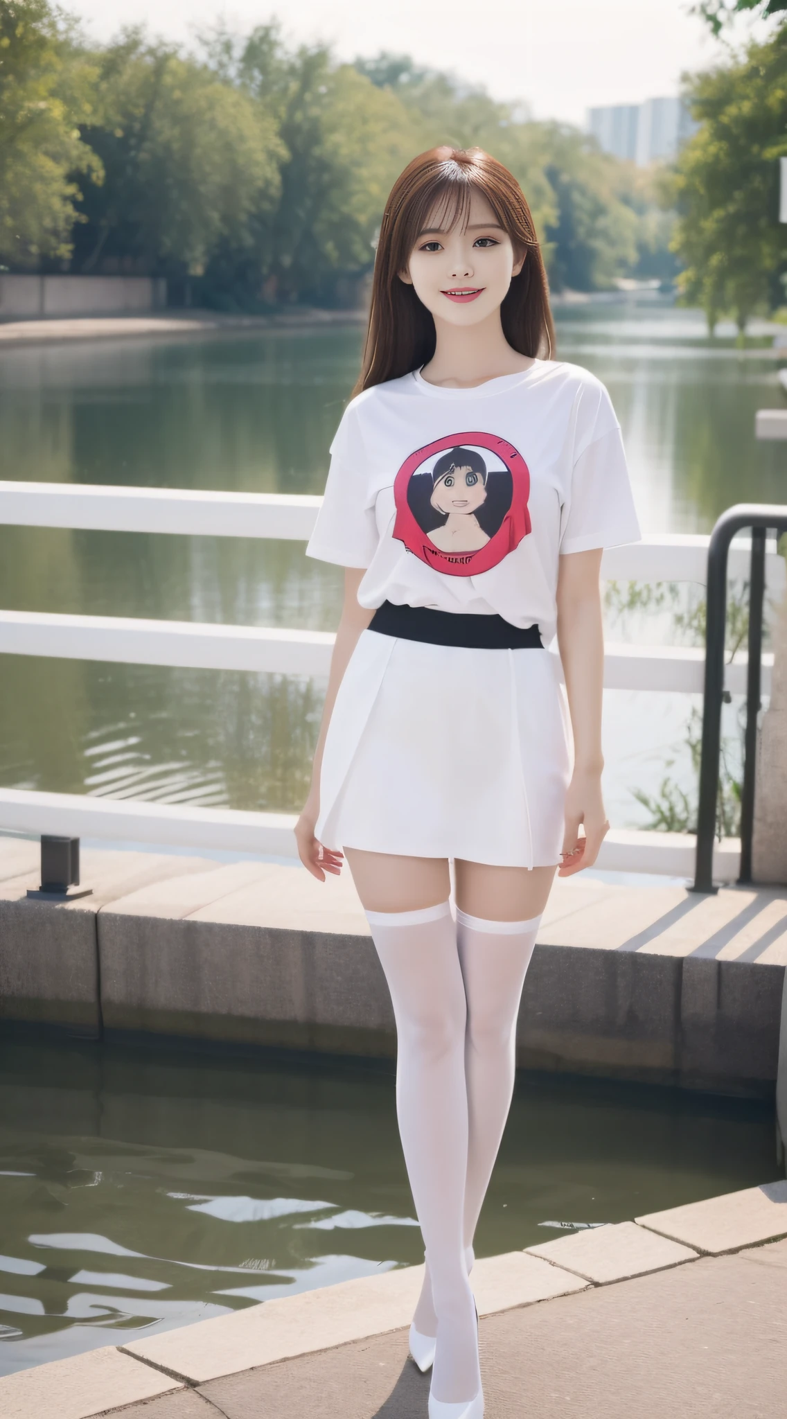(true to life,Photorealistic 1.5),((best qualtiy, 8K, tmasterpiece:1.3)), (二重まぶた,largeeyes:1.3),(Smile 1.5),(Full body photo 1.5)(Sunny 1.5)Clear focus 1.2, Perfect body beauty:1.4 , Delicate skin1.1,(Long brown hair 1.5),(Delicate facial features1.4),(Pure desire 1.3)(black lence stockings,One-piece 1.5)(skirt1.2)White cartoon T-shirt,Slender legs,high-heels,stands aside the river
