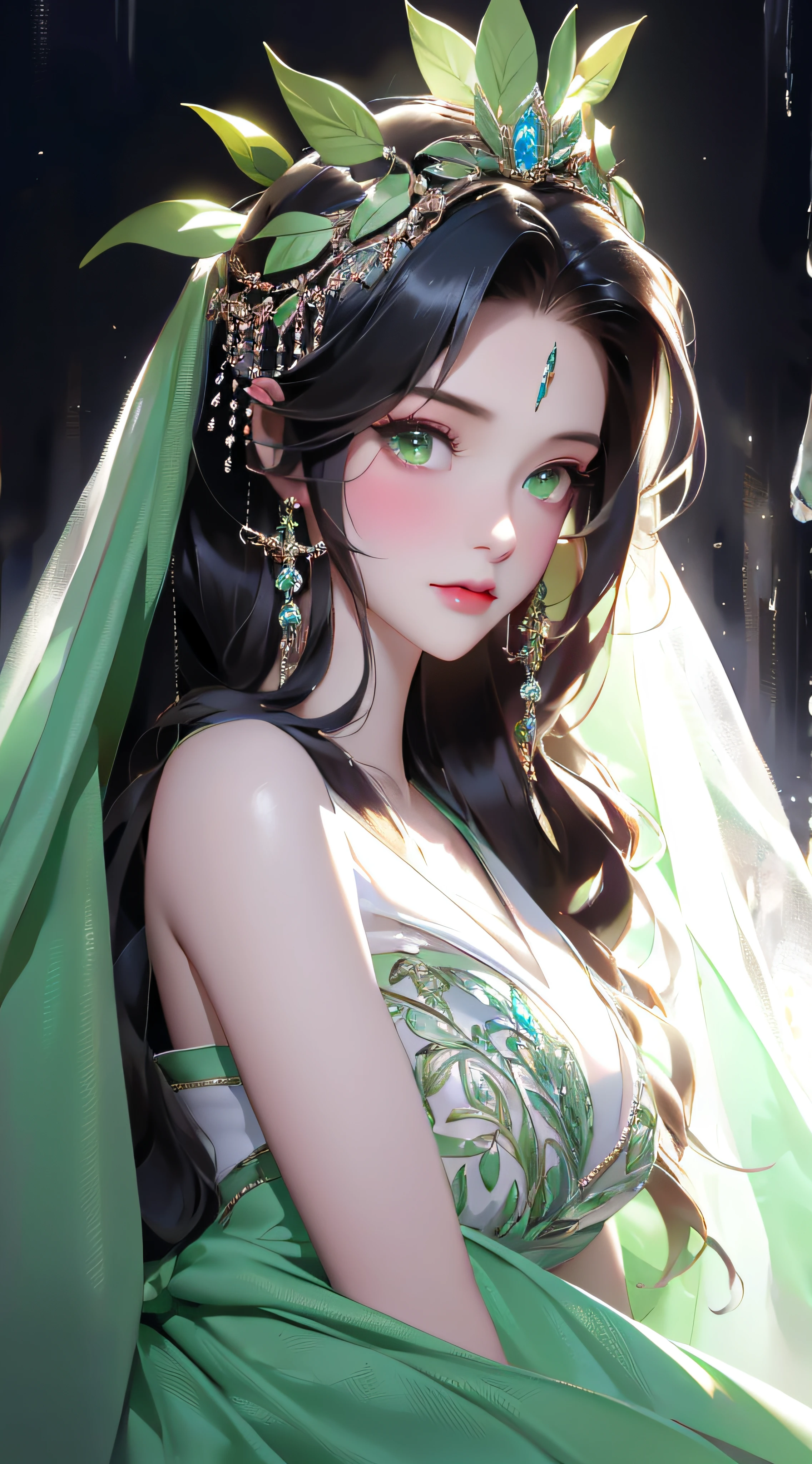 tmasterpiece，best qualtiy，8K，primitive：1.2，realisticlying：1.4，Grotesque，1 sprite，Sexy and revealing，Solo，ff Tifa，Most detailed，opens his eyes wide：1.3，eyes reflection：1.5，eyes with brightness：1.5，White skin，（Green dress，head wreath），full-length zipper，Slim，Thin leg，sitted，moon，Updraft，The upper part of the body，rainbowing，cinmatic lighting，Beautiful misty forest and waterfalls
