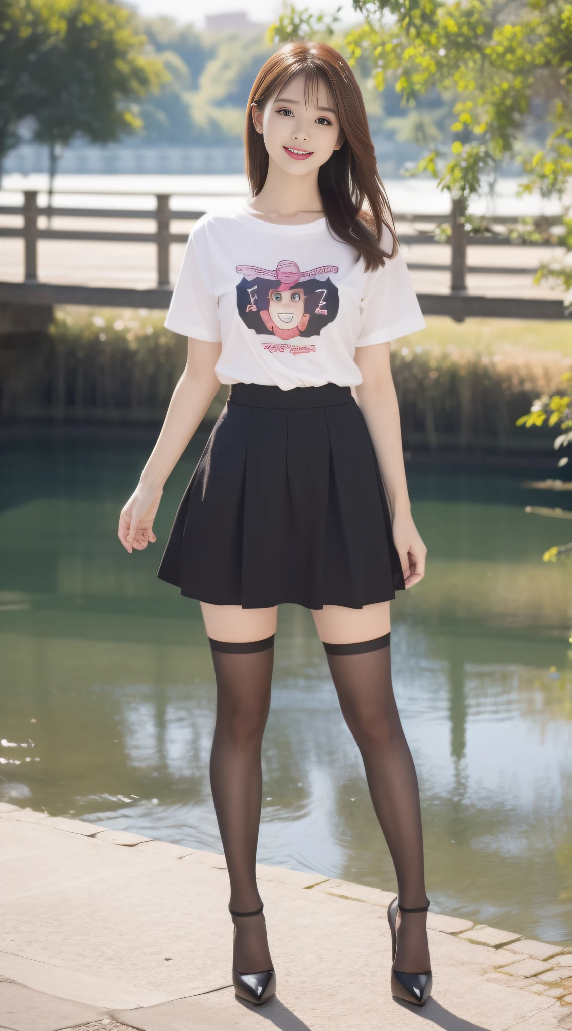 (true to life,Photorealistic 1.5),((best qualtiy, 8K, tmasterpiece:1.3)), (二重まぶた,largeeyes:1.3),(Smile 1.5),(Full body photo 1.5)(Sunny 1.5)Clear focus 1.2, Perfect body beauty:1.4 , Delicate skin1.1,(Long brown hair 1.5),(Delicate facial features1.4),(Pure desire 1.3)(black lence stockings,One-piece 1.5)(skirt1.2)White cartoon T-shirt,Slender legs,high-heels,stands aside the river