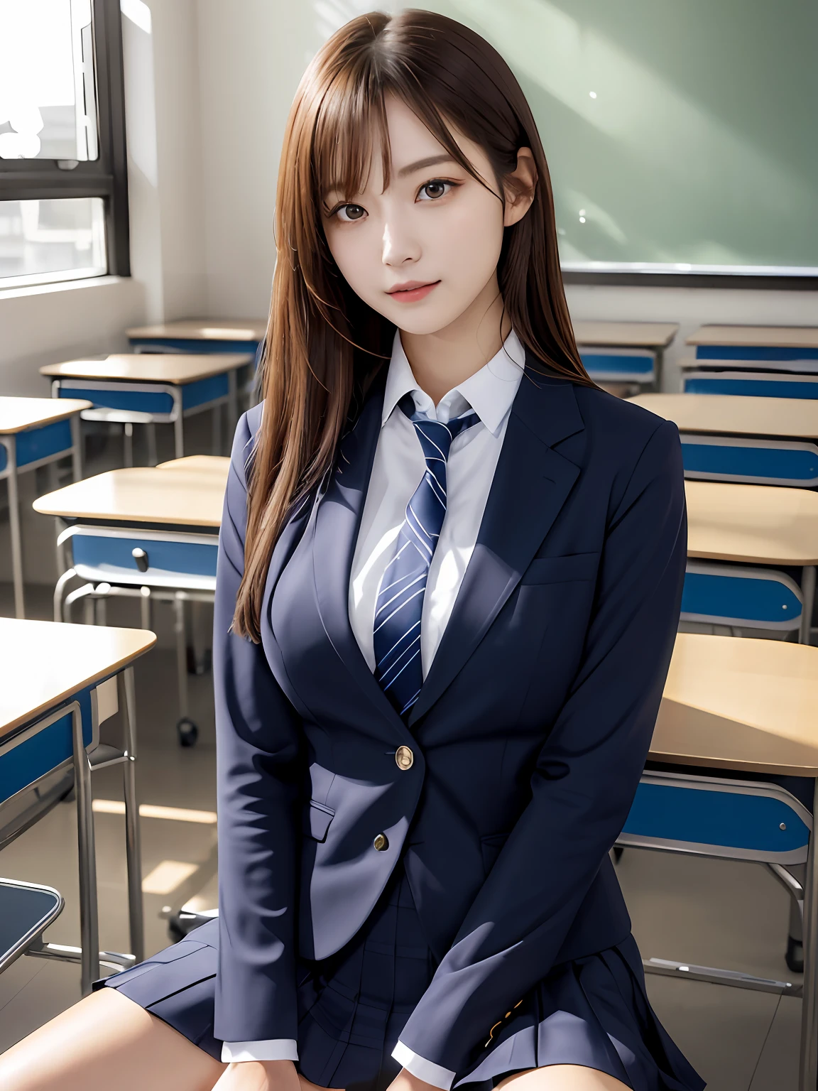 masutepiece, Best Quality, japanaese girl, 8K, Raw photo, top-notch quality, masutepiece, nffsw:1.2, exceptionally detailed RAW color photo, professional-grade photograph, (Realistic, Photorealistic:1.37), (highly detailedskin:1.2), Ultra-high resolution, (lenz 50mm), (masutepiece, top-quality:1.3), (Ultra detailed 8K cg:1.2), (hyper realisitic:1.35), (Photorealistic:1.45), (Realistic:1.4), Cowboy Shot,
1 beautiful Japanese girl, 22 years old, super model, Japanese Idol, __expression__, Large breasts, (sitting on the desk:1.1), (School uniform:1.4), (Spread legs:1.2),
(School classroom background:1.1)、Korean Idol、Nogizaka Idol、hposing Gravure Idol、Adults、女優