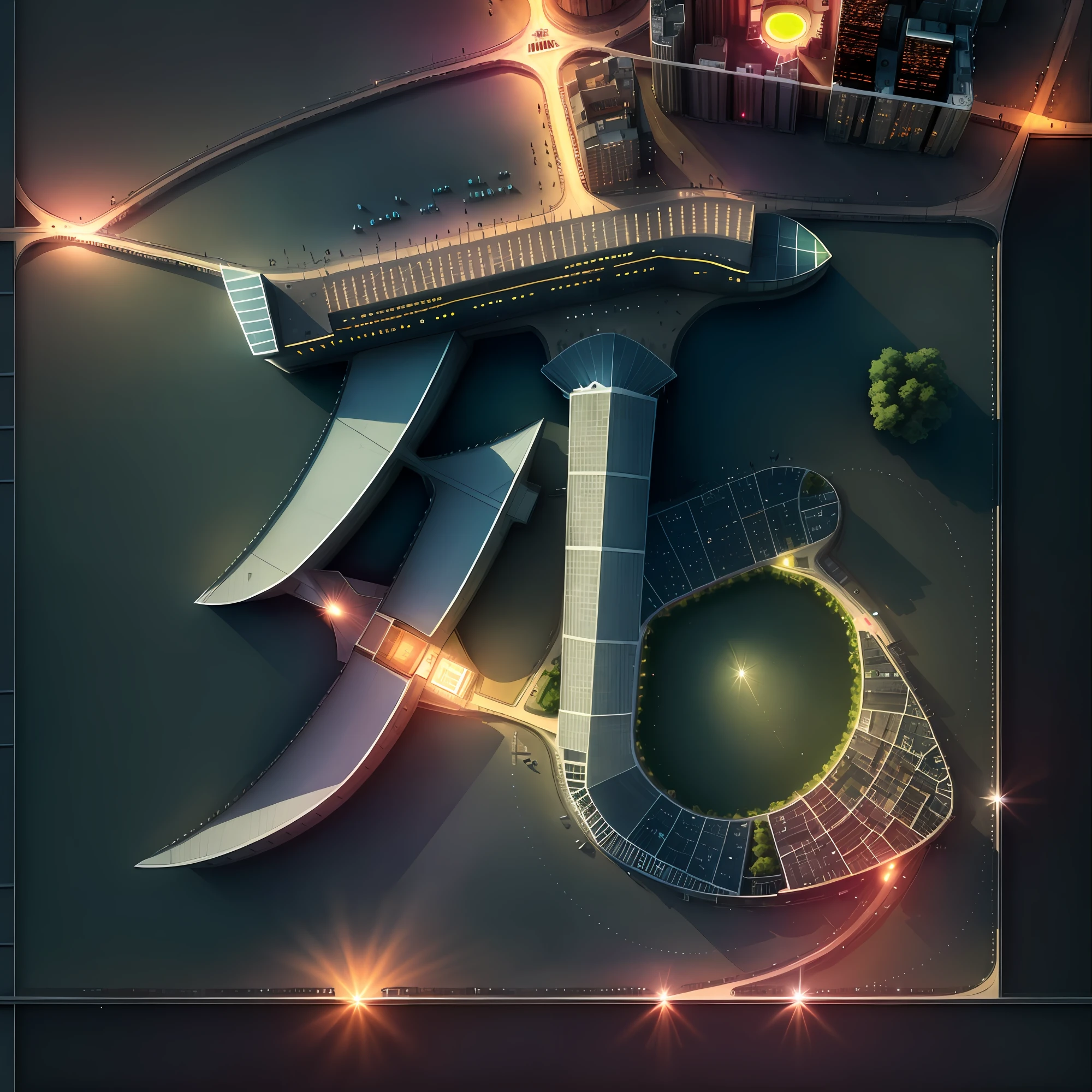 (city), (bird eye view), (lights), (night), overhead