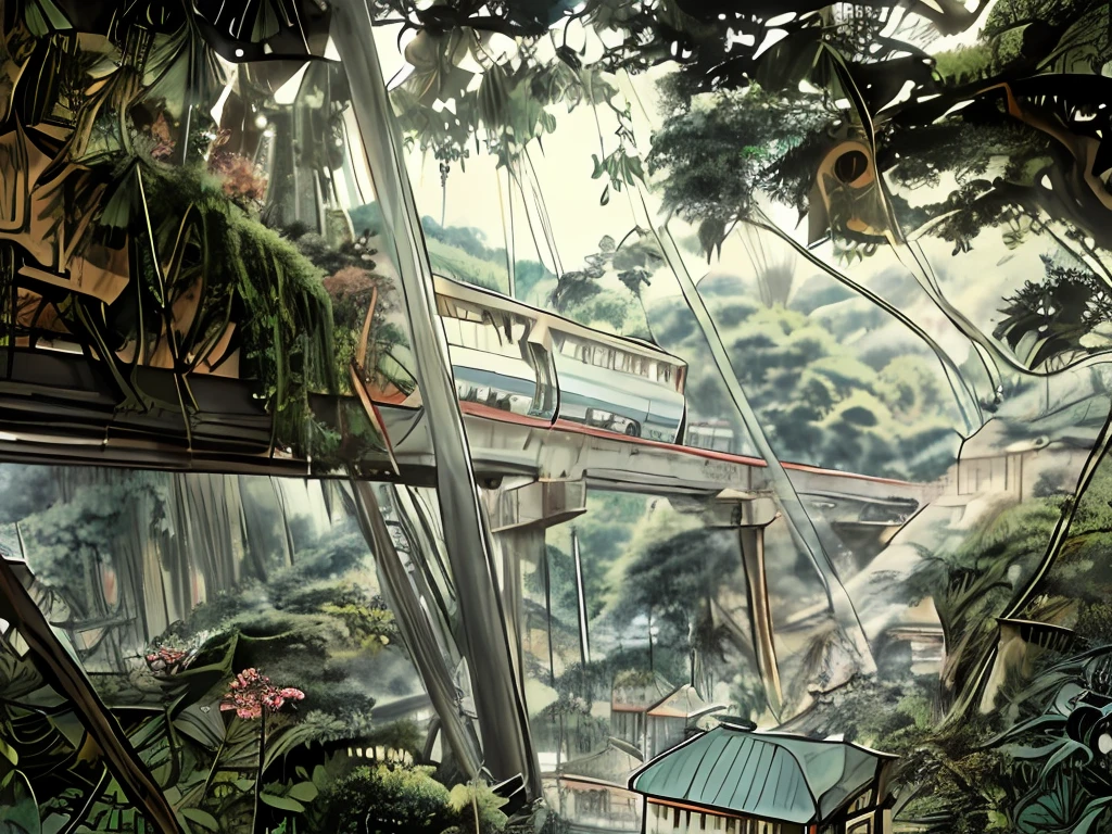 style of anime，There was a train moving on a bridge in the woods, monorail, in hong kong, the photo shows a large, Takahashi，city on top, On jungle forest train tracks, View from below,  View from the bottom, The vegetation is dense, monorail station,