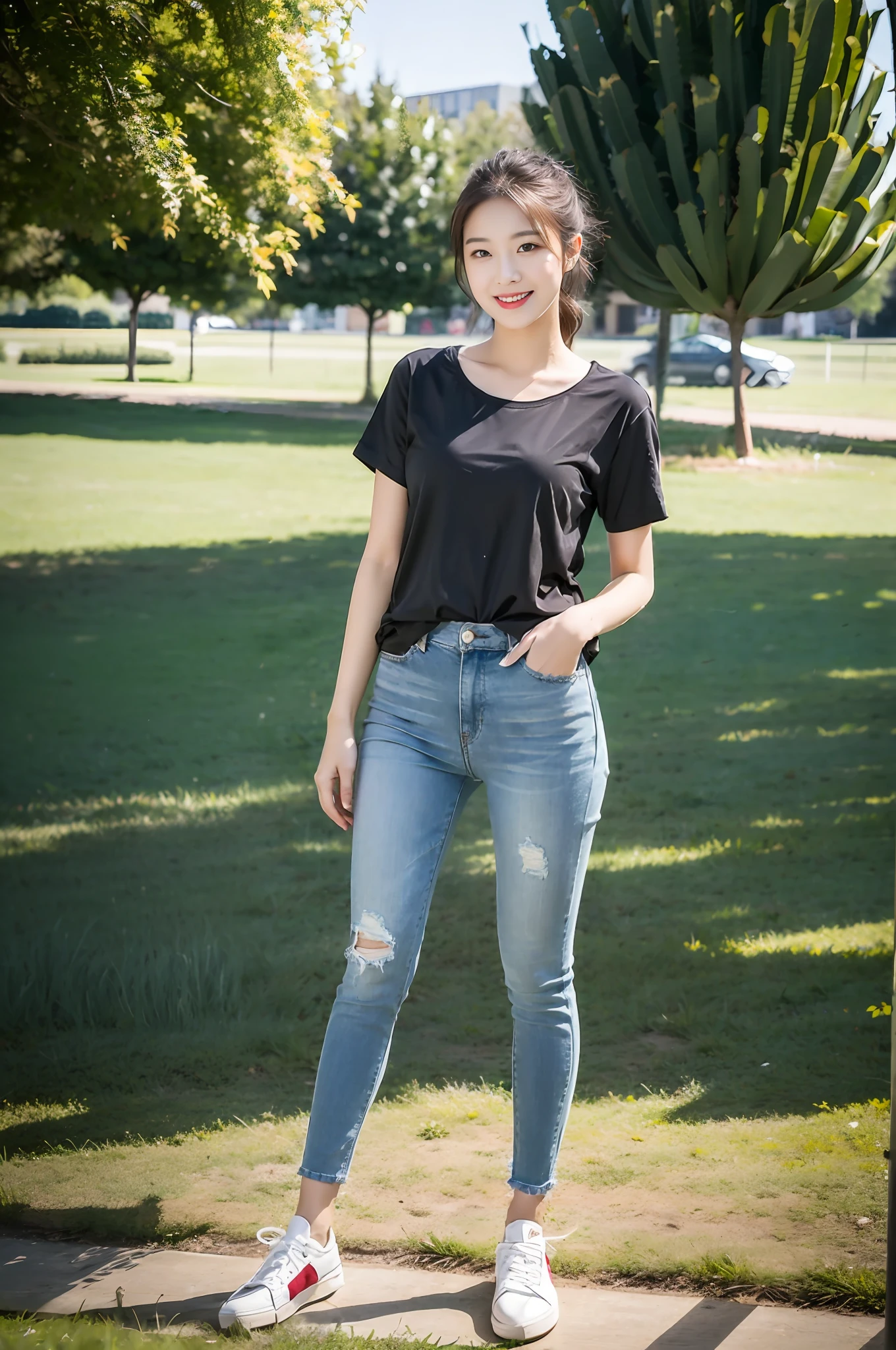 (best qualtiy:1.4),Complicated details,20 years old Korean girl,Wear a loose black T-shirt and skinny jeans,Stand on the grass and take pictures,Detailed meadow,A small face with a sweet smile,Super realistic facial details,Playful and coquettish pose,The calves are straight and slender:1.2,Wear high-end branded colorful canvas shoes:1.0,fully body photo:1.8