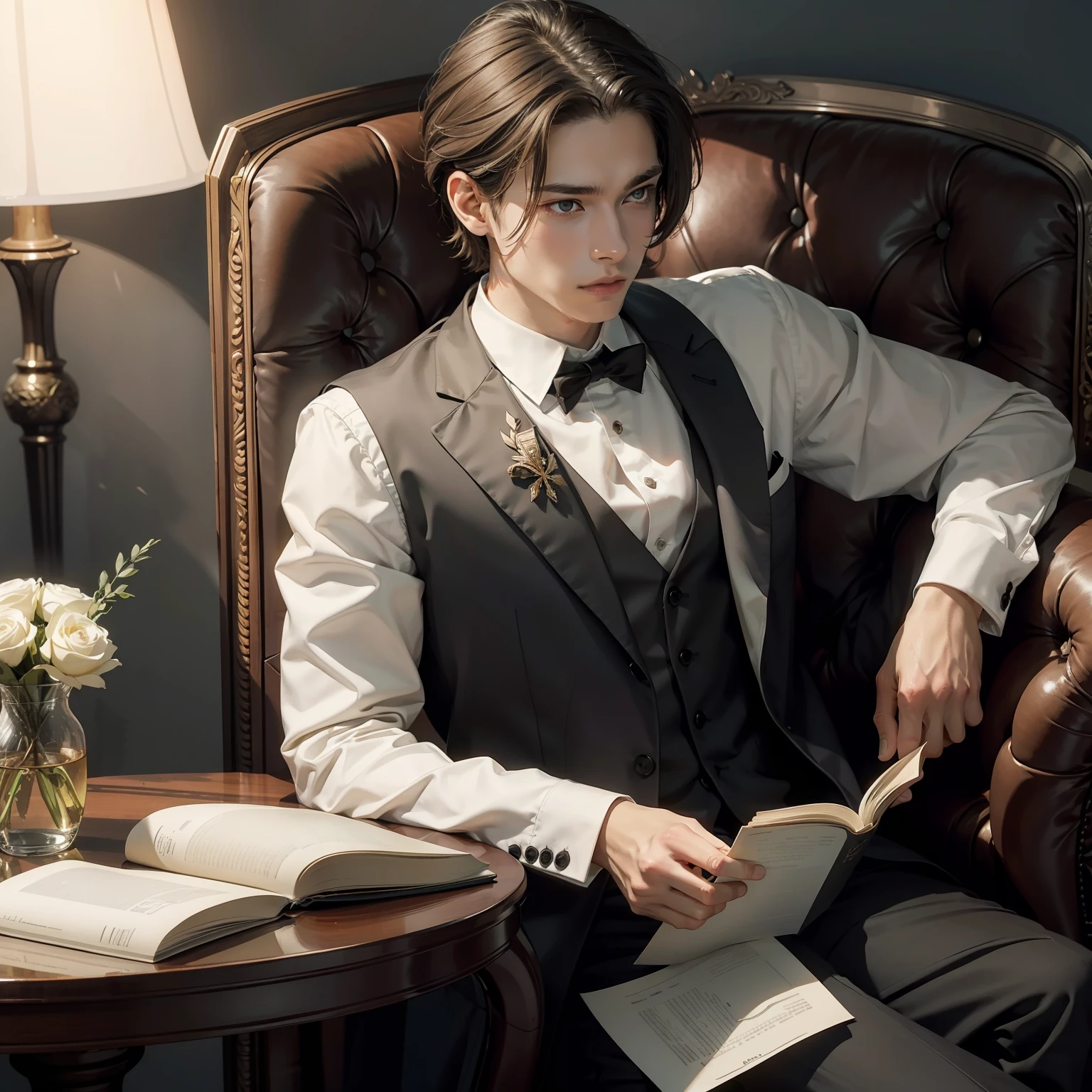 A young man,masculine, androgynous, elegant,sitting in a chair reading a book,