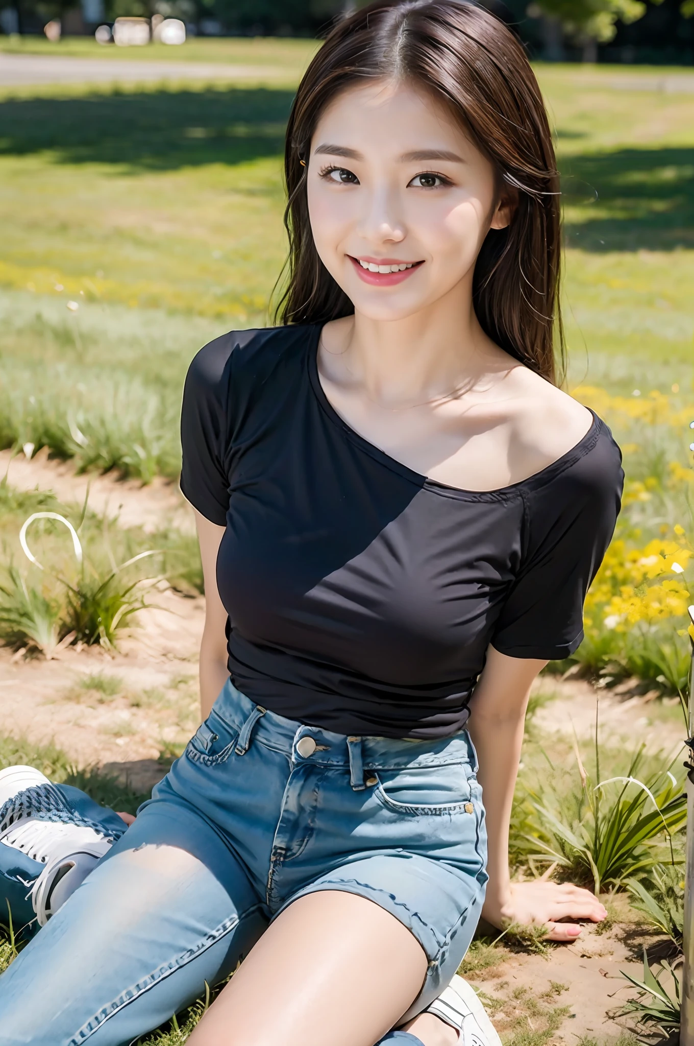 (best qualtiy:1.4),Complicated details,20 years old Korean girl,Wear a loose black T-shirt and skinny jeans,Stand on the grass and take pictures,Detailed meadow,A small face with a sweet smile,Super realistic facial details,Playful and coquettish pose,The calves are straight and slender:1.2,Wear high-end branded colorful canvas shoes:1.0,fully body photo:1.8