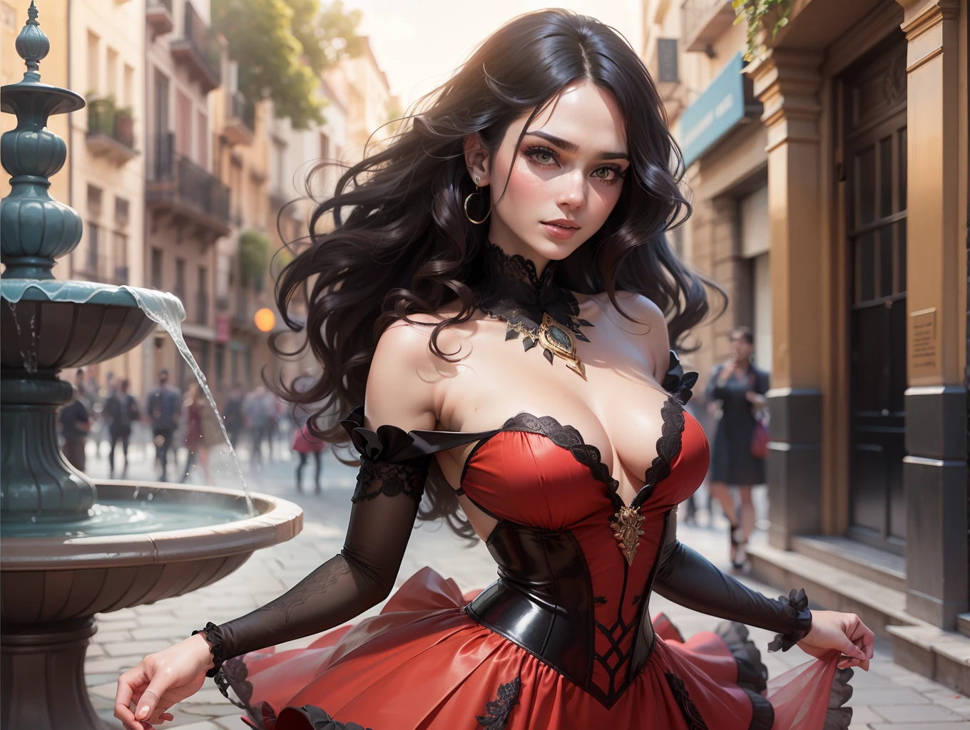 Hyper realistic super detailed faces, Fit handsome man dancing the tango outside with beautiful Hispanic woman with long black hair wearing traditional red and black flamenco dress, Barcelona spain, in love, longing, 8k, super detailed facial, perfect face, features, woman wearing high heels, woman has long black curly hair, dancing seductively, ultra detailed face and body, thin body,  8k, hyper detailed, lacy frilly dress , sun shining with lot of colors around, lots of beautiful flowers and water fountain, hyper detailed face, whole body in frame, lot of plants and flowers