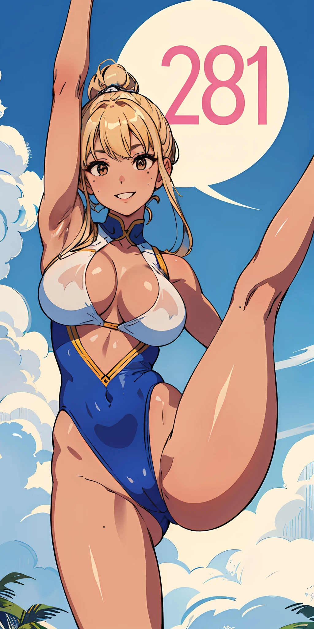 (top-quality、masterpiece)、1girl in、28 year old、A stunning、A smile、a blond、barechested、A stunning、Gymnastics、Buruma、Brown-skinned、sun burn、Mole、(Colossal tits)、large full breasts、Sheer areol、pink there