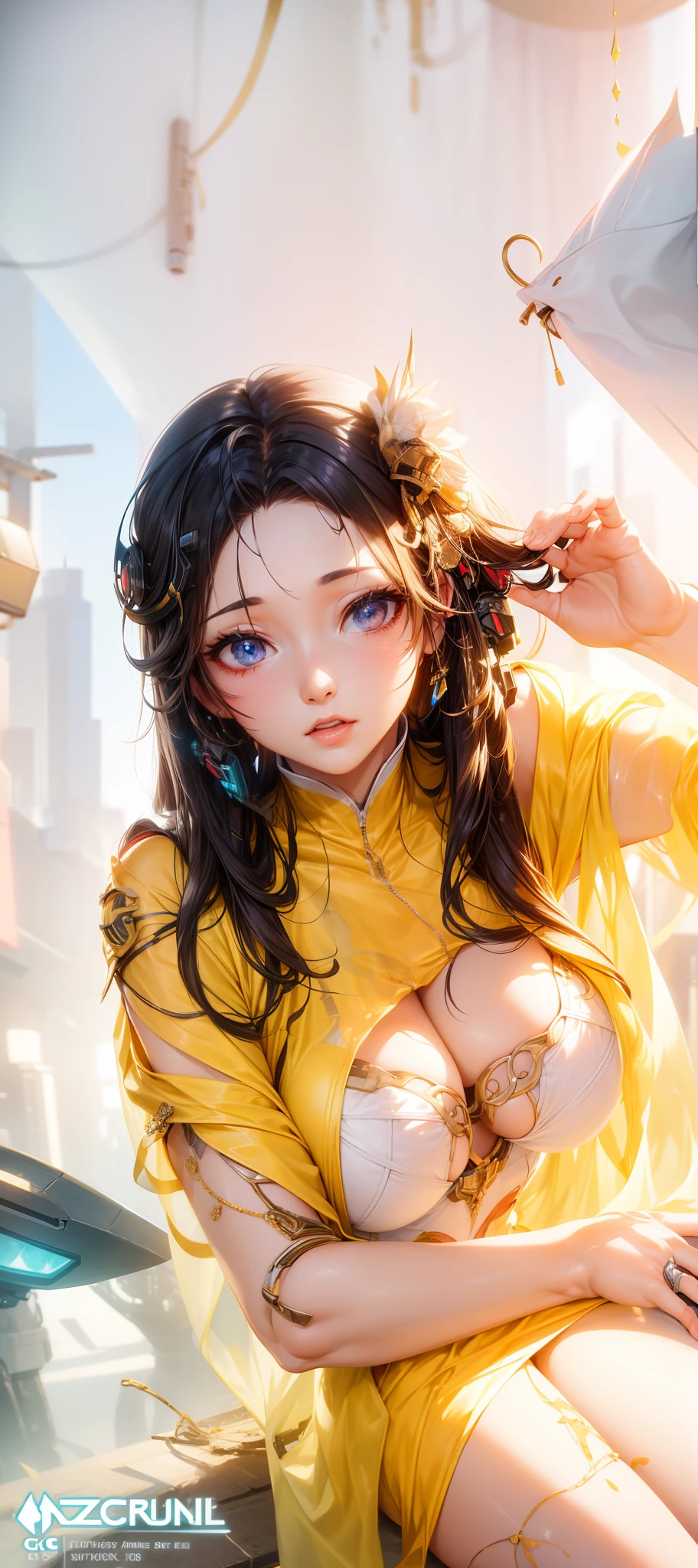(Highest image quality),(Super meticulous),(glowing light eyes),(Colorful hair)(Background description:Sci-fi futuristic punk)(Description of clothes:Sexy denim crop top)Biomechanical OPPAI, cyberpunk anime girl mech, A scene from the《azur lane》videogame, Mechanized Valkyrie girl, 3 D rendering character art 8 K, azur lane style, trending on cgstation, Best anime 4k konachan wallpaper, perfect anime cyborg woman, cyberpunk anime girl