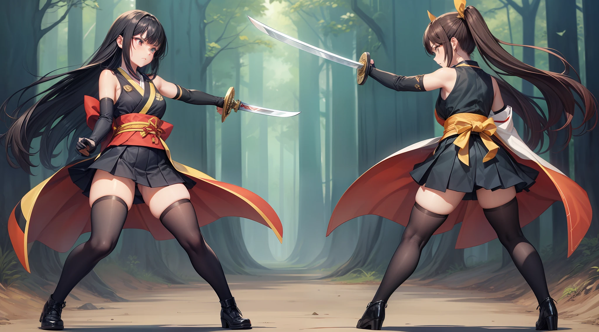 Full body shot of fighting between two female character holding short sword, 1 versus 1. They are fighting in a fierce duel death match, face to face with serious expression. They have long loose hairstyle, small thighs and slender legs. They are wearing different color of sleeveless short kimono with short pleated skirt, with an obi tied on back hip, a pair of thin long black elbow gloves, a pair of black thigh highs, and black shoes. Background set in a lush forest