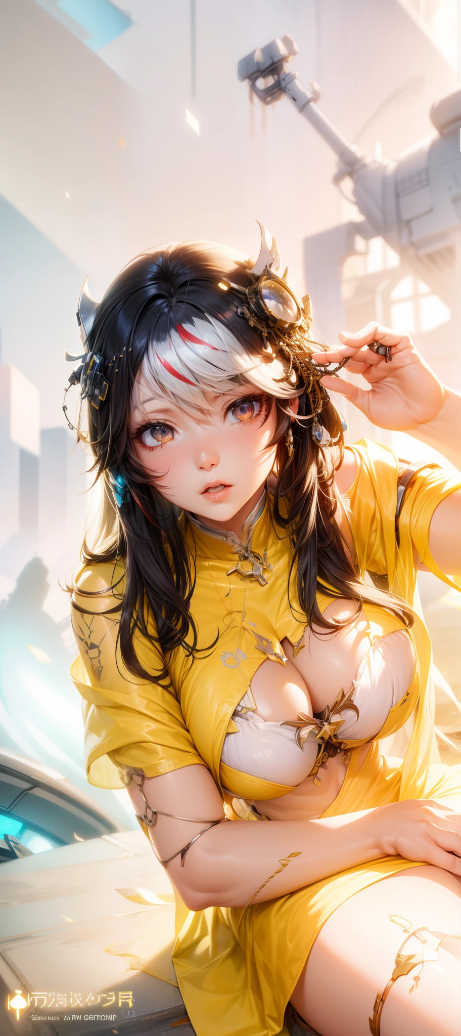 (Highest image quality),(Super meticulous),(glowing light eyes),(Colorful hair)(Background description:Sci-fi futuristic punk)(Description of clothes:Sexy denim crop top)Biomechanical OPPAI, cyberpunk anime girl mech, A scene from the《azur lane》videogame, Mechanized Valkyrie girl, 3 D rendering character art 8 K, azur lane style, trending on cgstation, Best anime 4k konachan wallpaper, perfect anime cyborg woman, cyberpunk anime girl