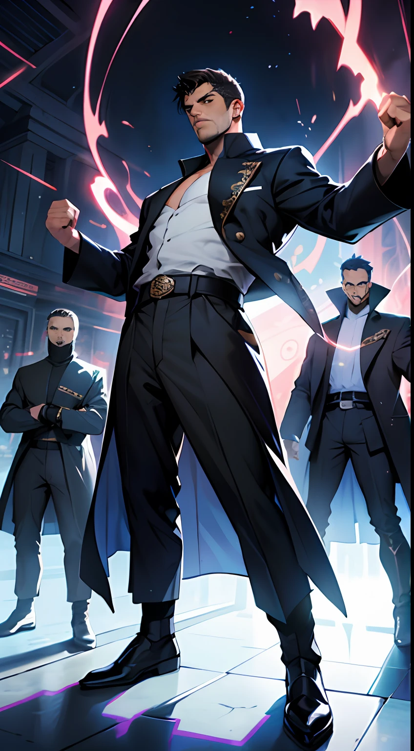 A young and handsome man stands in the center of the scene，Four phantoms appeared behind him，Each phantom represents a heroic spirit。The man raised his arms，Unfold your body，Exudes powerful energy fluctuations。Everyone looked at him in surprise，The gaze was attracted by these four heroic shadows。