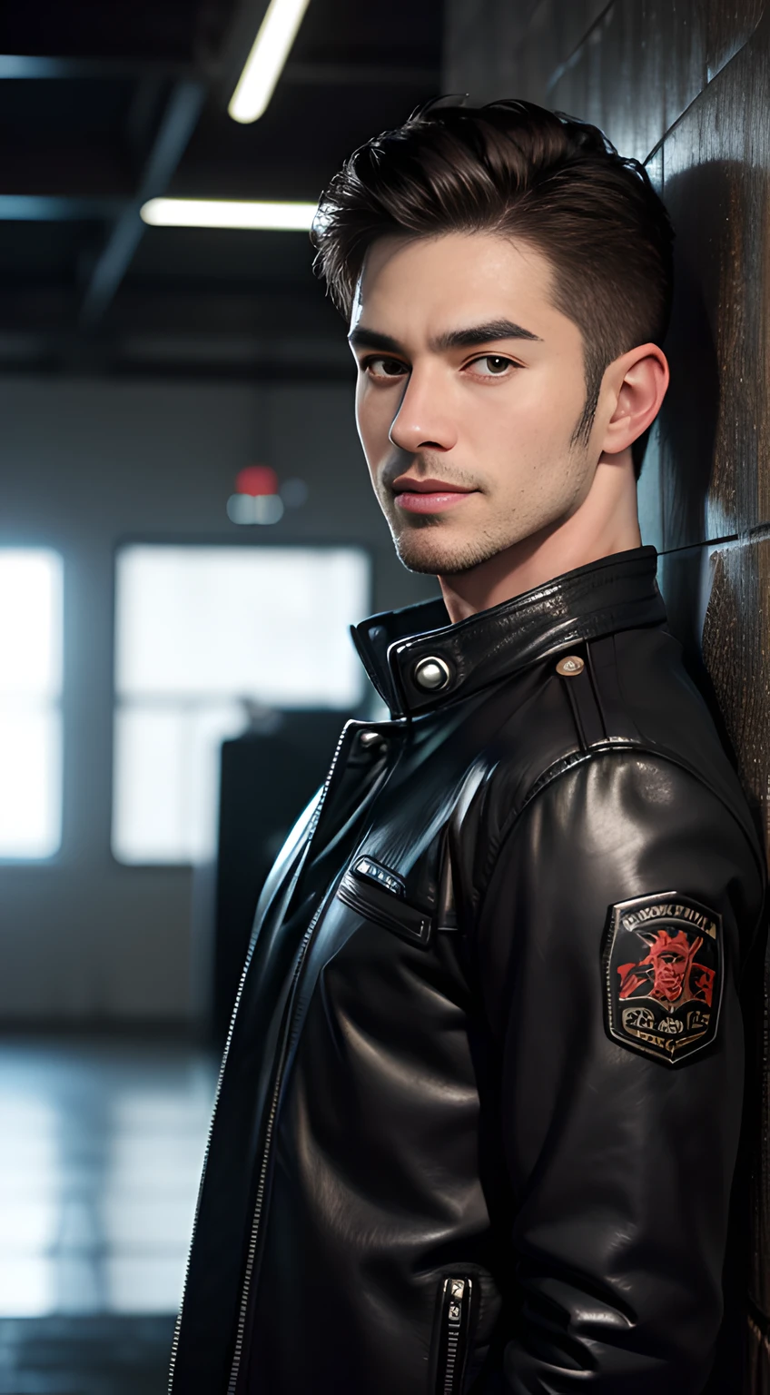 ((Man only)), (cowboy shot), (handsome muscular man in his 30s), handsome muscular man in black leather jackets, he resembles Chris Redfield from Resident Evil, Mischievous smile, (detaile: 1 in 1), Natural muscles, HIG quality, beautidful eyes, (Detailed face and eyes), (Face、: 1 / 2), Noise, Real Photographics、... .........................................................PSD, Sharp Focus, High resolution 8K, realisitic & Professional Photography, 8K UHD, Soft lighting, High quality, Film grain, FujifilmXT3