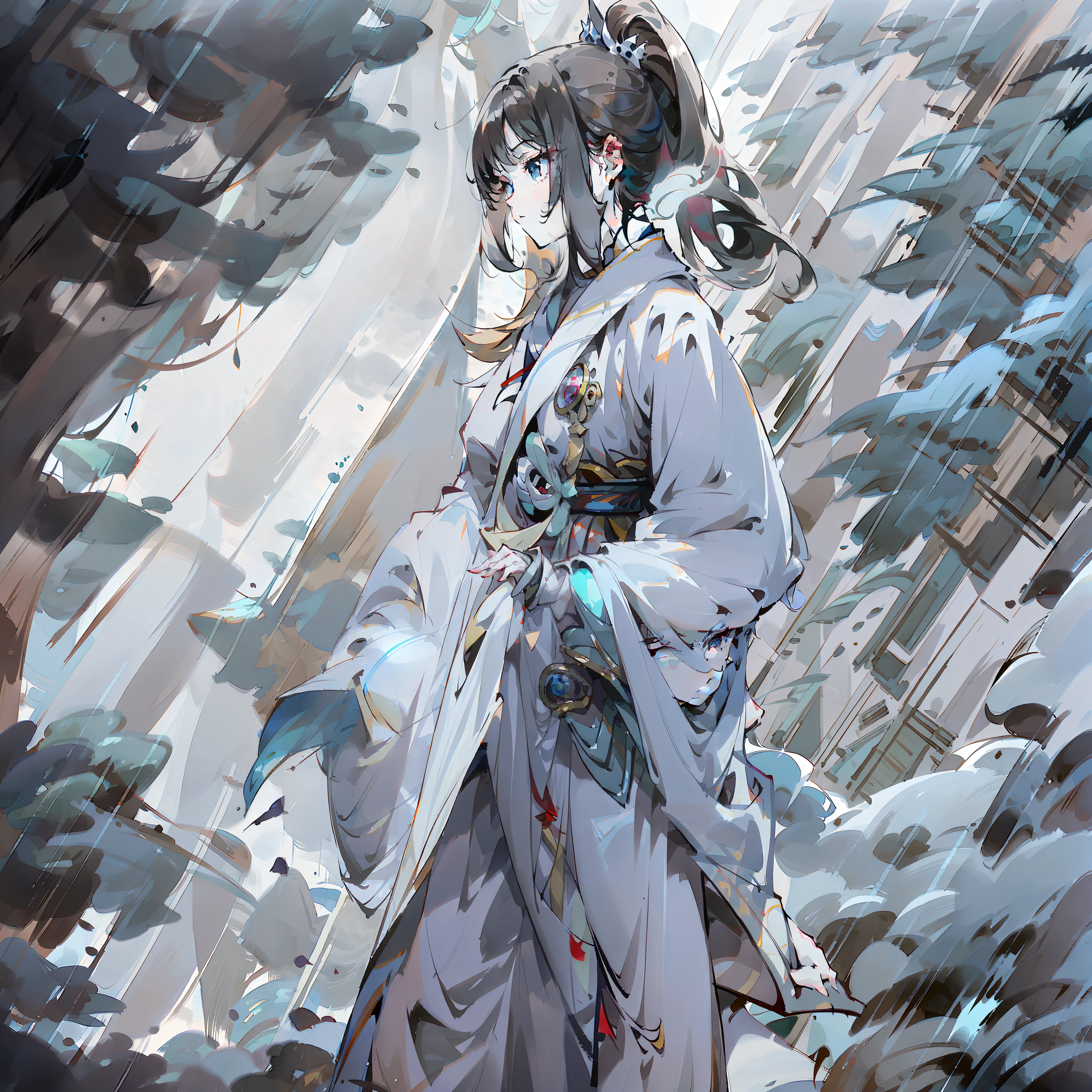 Painting style(Fresh and elegant)+Scenes(Mountain paths)+clothes(Girl in white)+the detail(Hold a sword in hand)+Ambient(Fog ○ Rainy days)+Shooting techniques(Close-up)