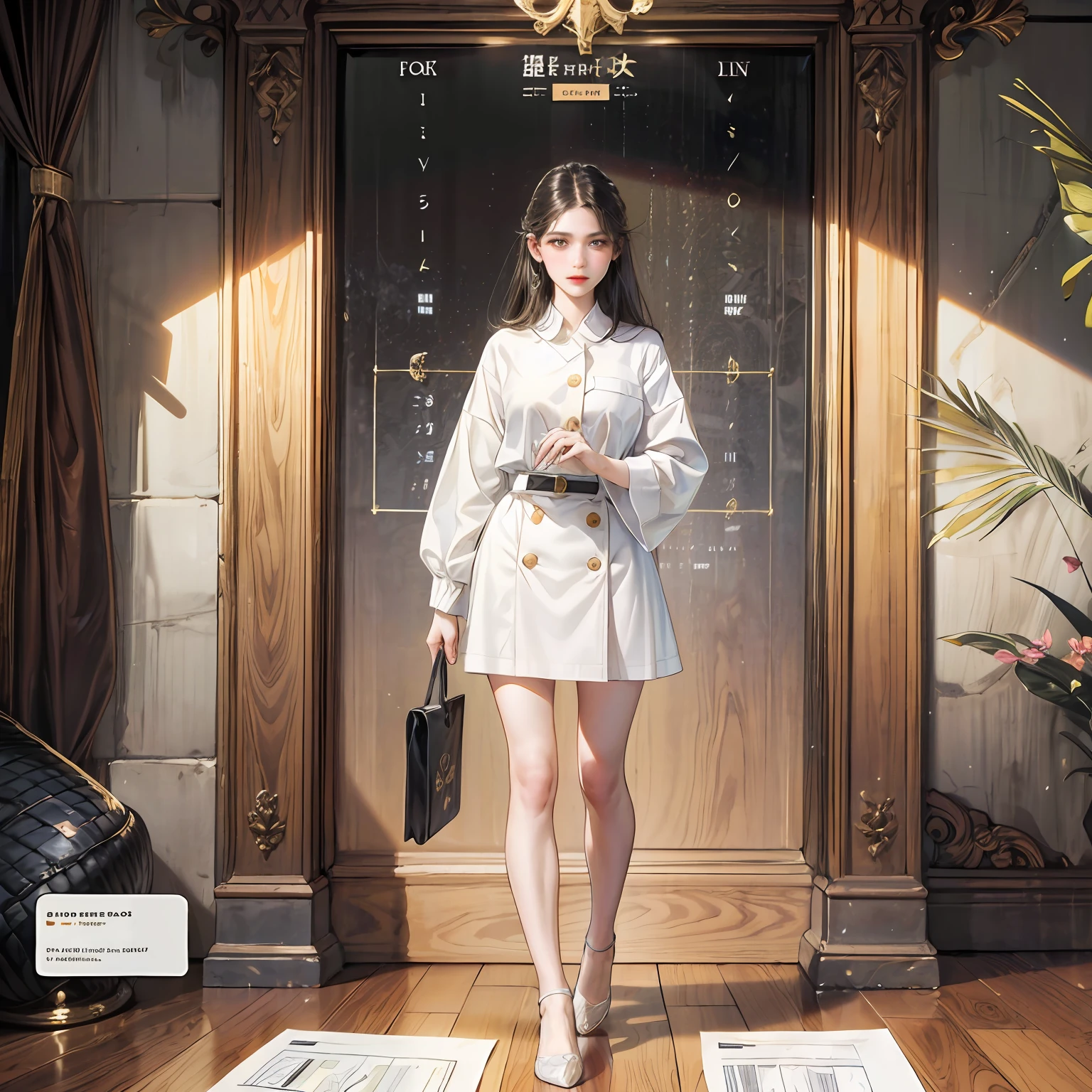 masterpiece, best quality, 1girl,highres, absurdres, full body,(ultra-detailed:1.1025), (illustration:1.1025), (infographic:1.1025), patent drawings, physical measurement, (all clothes configuration:1.1025), stationery, (solo:1.1025),standing, cohesive background, 5 fingers in hands, character sheet, --auto