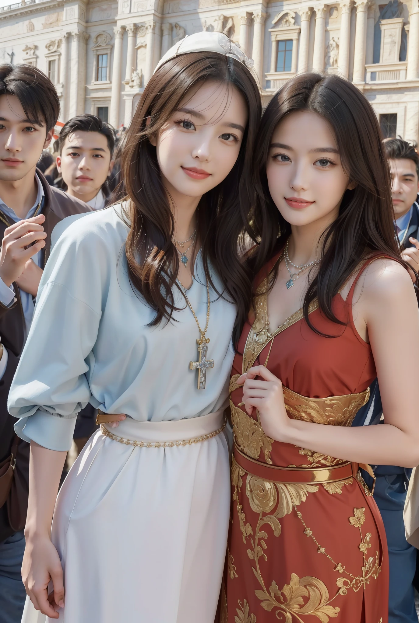 masterpiece, 4K, best quality, FELute, necklace,gorgeous dress, (on the St. Peter's Square of Vatican,crowd),bracers, cowboy shot, looking at viewer, smirk, hand up