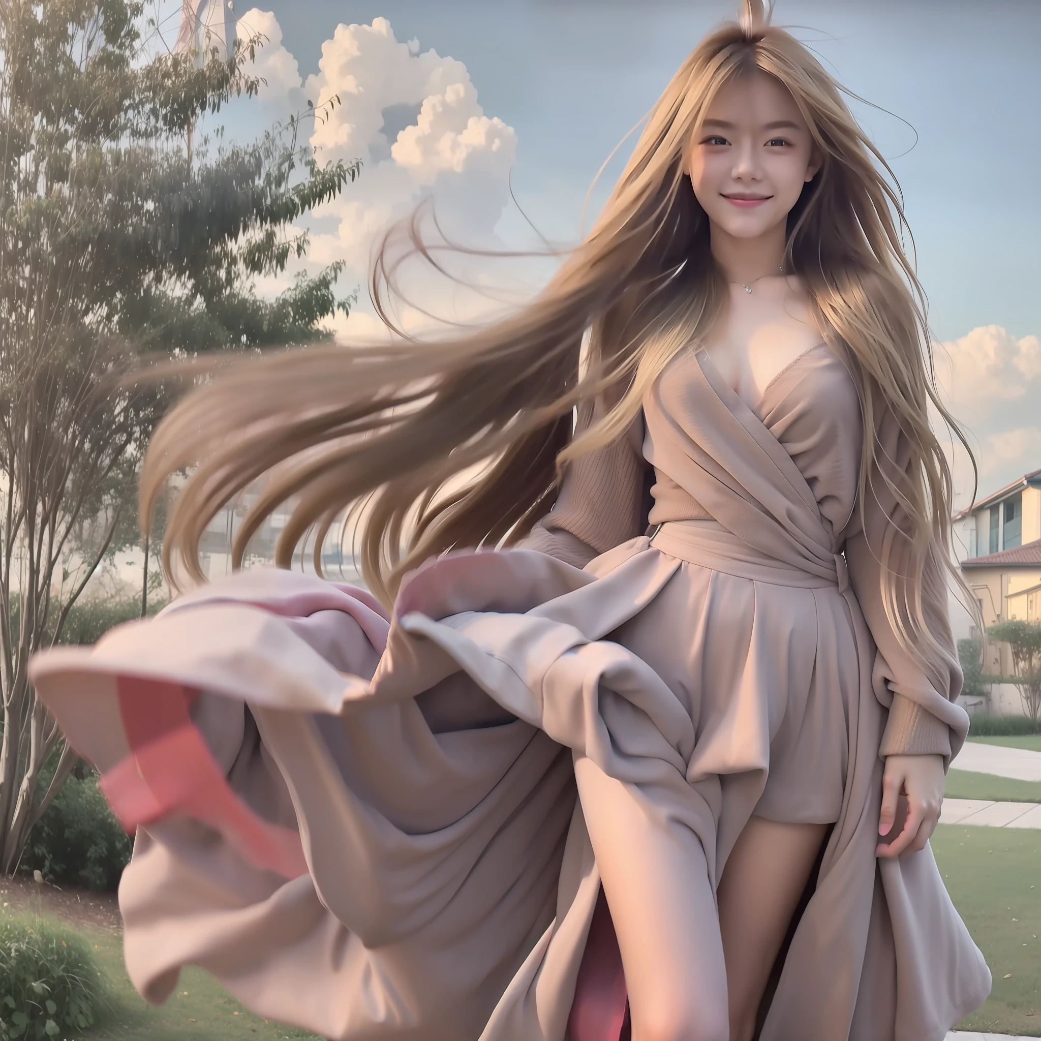 16yo girl,Extra-long blonde hair,Enchanted smile,Beautiful picture, Best quality, k hd, Excellent depiction, Beautiful standing painting, outside,parks, The body is made up of hair,Extremely long hair,Floating hair,Big wind,Correct limbs,Greater wind,