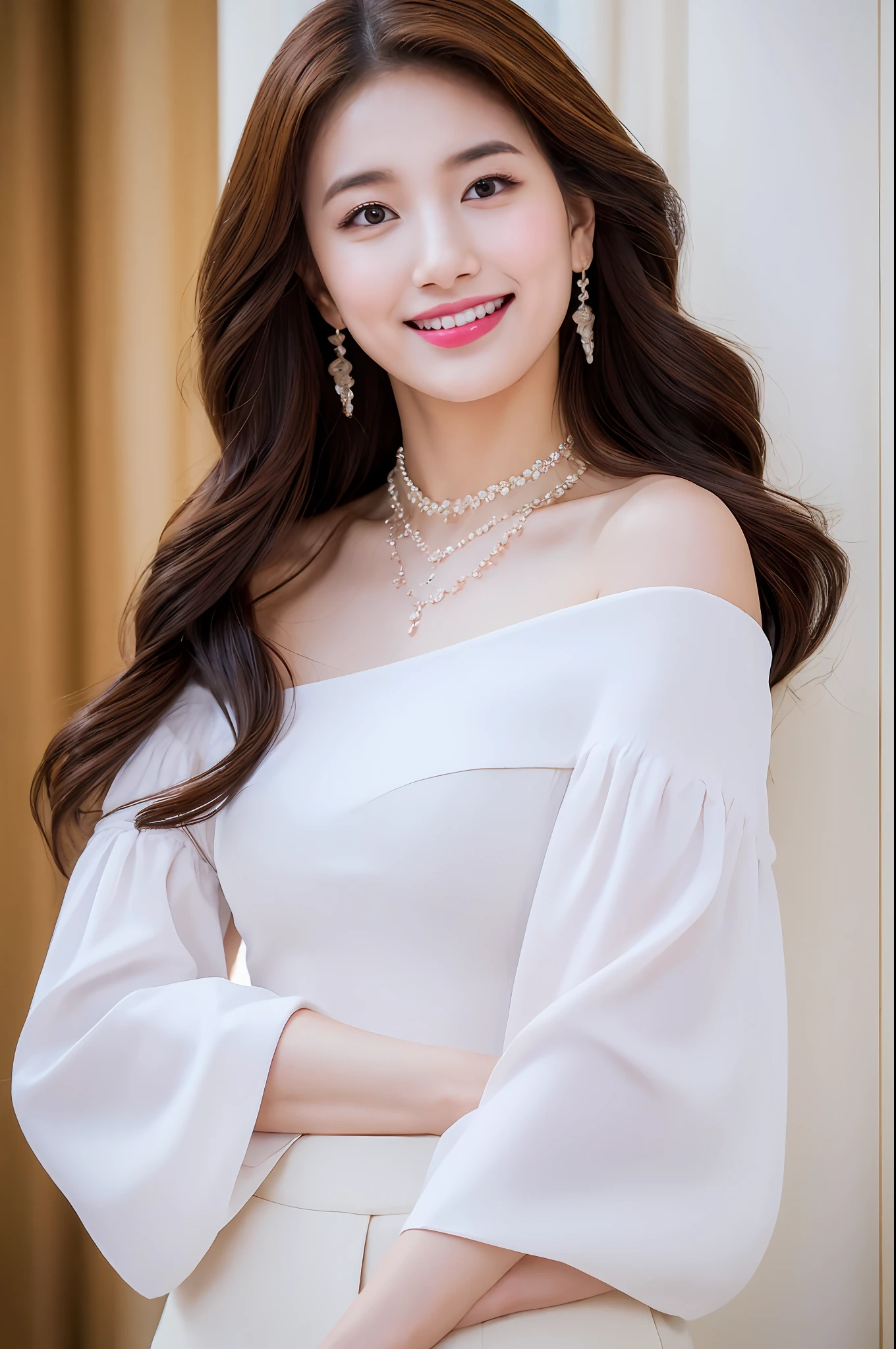 (solo:1.3),8K, Best quality, Masterpiece, Realistic, Super detail, f/1.2, 85mm, Nikon, Smiling woman with shiny hair, Natural makeup, white off-shoulder tops，Ruffled sleeves, Diamond pendant necklace