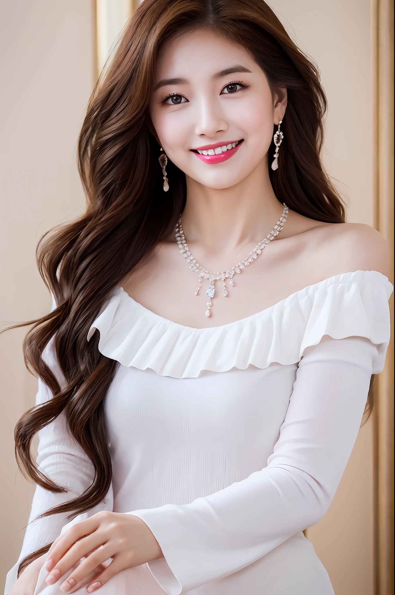 (solo:1.3),8K, Best quality, Masterpiece, Realistic, Super detail, f/1.2, 85mm, Nikon, Smiling woman with shiny hair, Natural makeup, white off-shoulder tops，Ruffled sleeves, Diamond pendant necklace