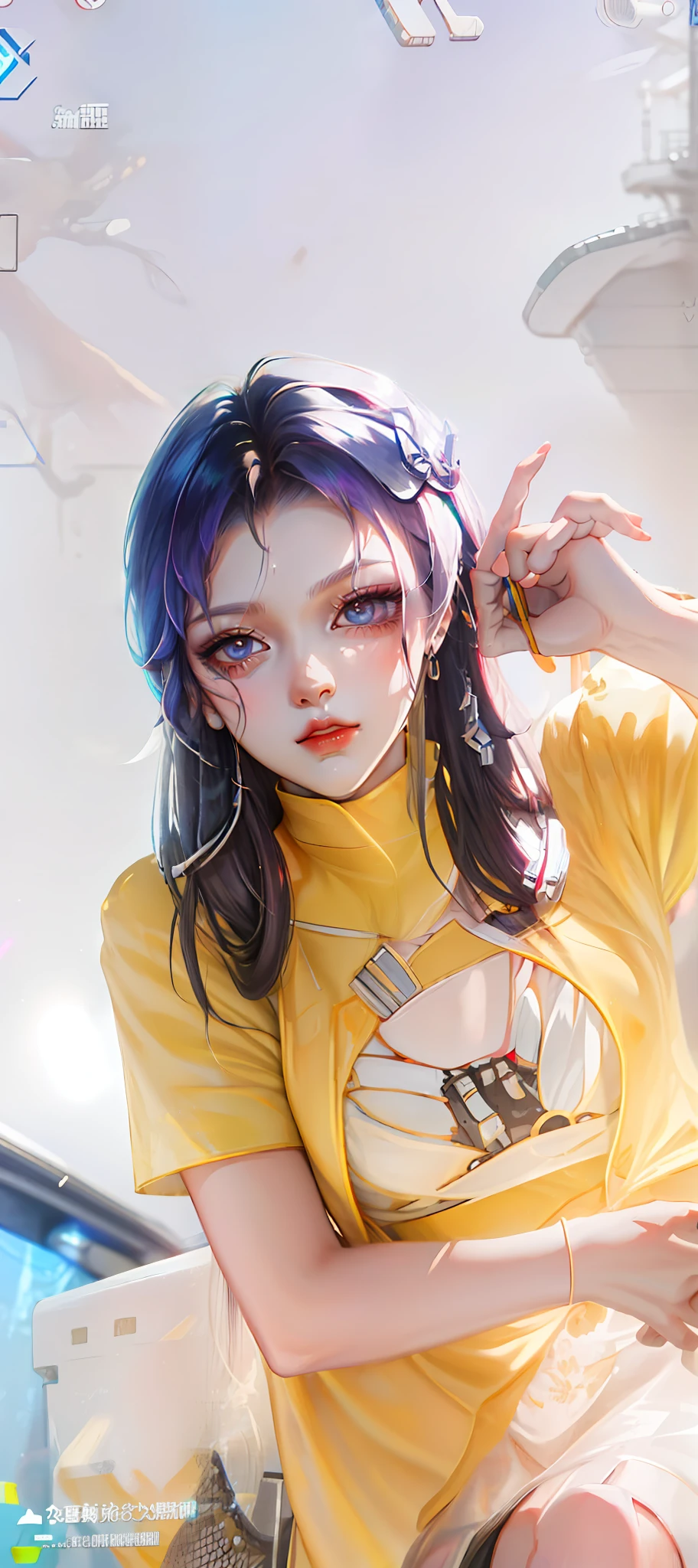 (Highest image quality),(Super meticulous),(glowing light eyes),(Colorful hair)(Background description:Sci-fi futuristic punk)(Description of the clothes:Sexy royal sister fishing net clothing,Black silk lower body)Biomechanical OPPAI, cyberpunk anime girl mech, A scene from the《azur lane》videogame, Mechanized Valkyrie girl, 3 D rendering character art 8 K, azur lane style, trending on cgstation, Best anime 4k konachan wallpaper, perfect anime cyborg woman, cyberpunk anime girl