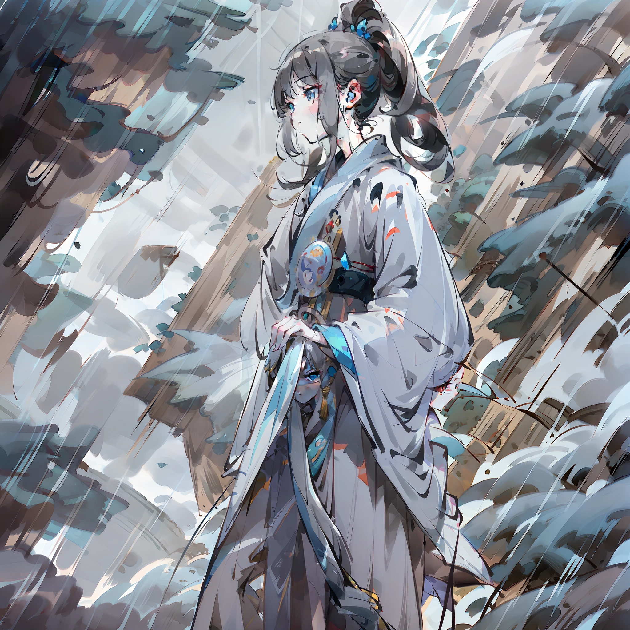 Painting style(Fresh and elegant)+Scenes(Mountain paths)+clothes(Girl in white)+Ambient(Fog ○ Rainy days)+Shooting skills(Close-up)