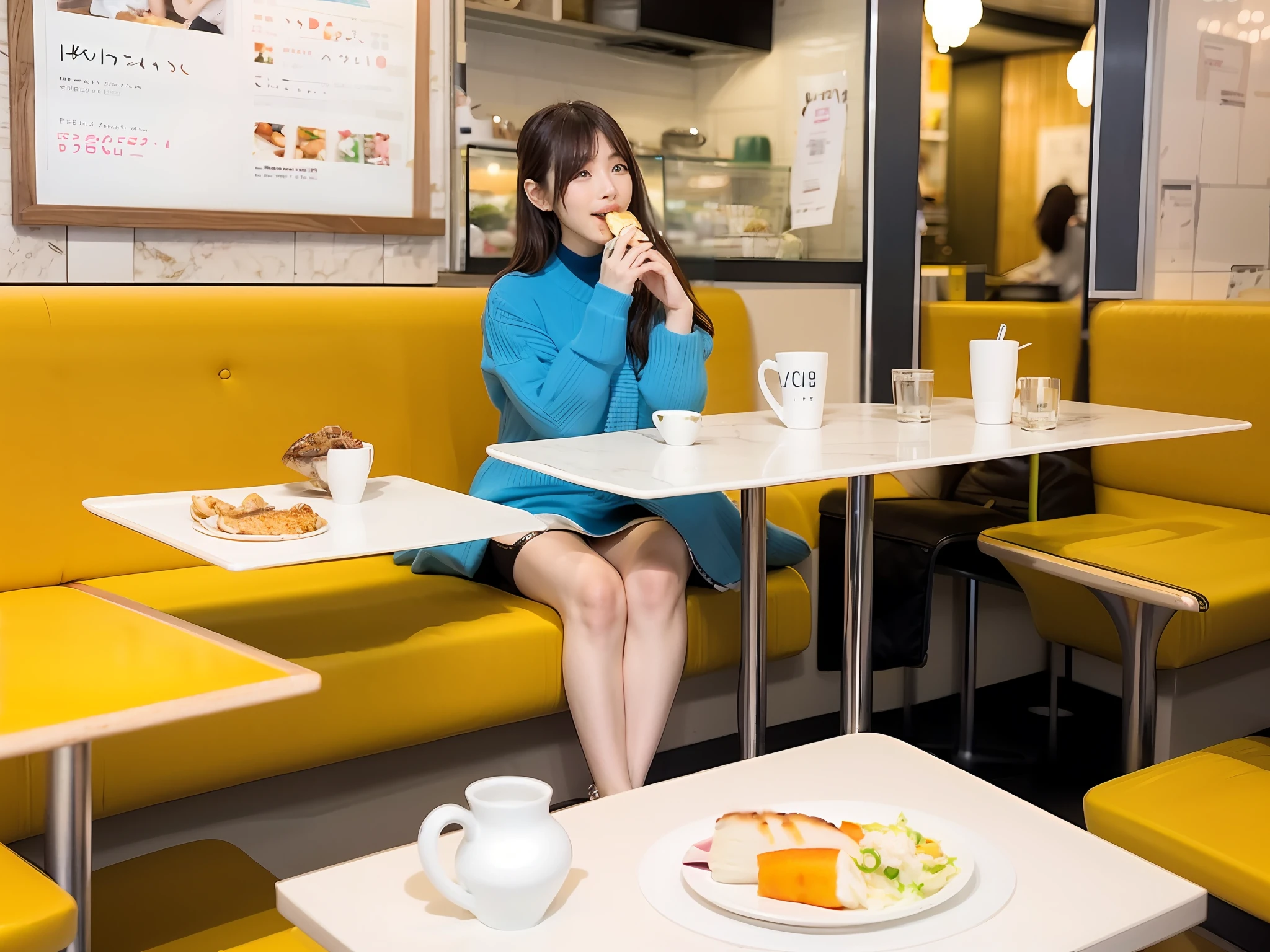 Woman sitting on a bench eating a banana while talking on the phone, sitting in a café, jia, portrait of a japanese teen, taehyung eating gucci fries, 🤬 🤮 💕 🎀, having a snack, well - dressed, sitting in tokyo, 😭 🤮 💕 🎀, sitting alone in a cafe, Young Asian girl, chiho, Uptrend ,