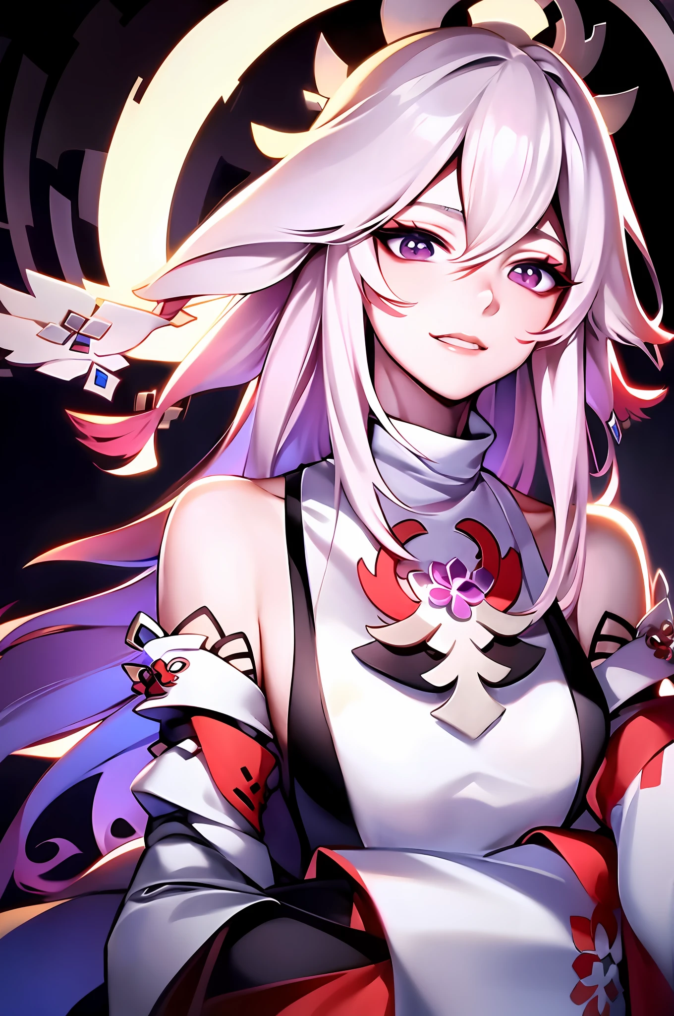 Close-up of a woman with white hair and a black scarf,a character portrait by Yang J,Pixiv competition winner,Fantasyart,white-haired god,Beautiful character painting,Guviz-style artwork,Yuki Onna's glareing gaze,Guweiz,long white hair,Long white hair,flowing hair and long robes,nakeness