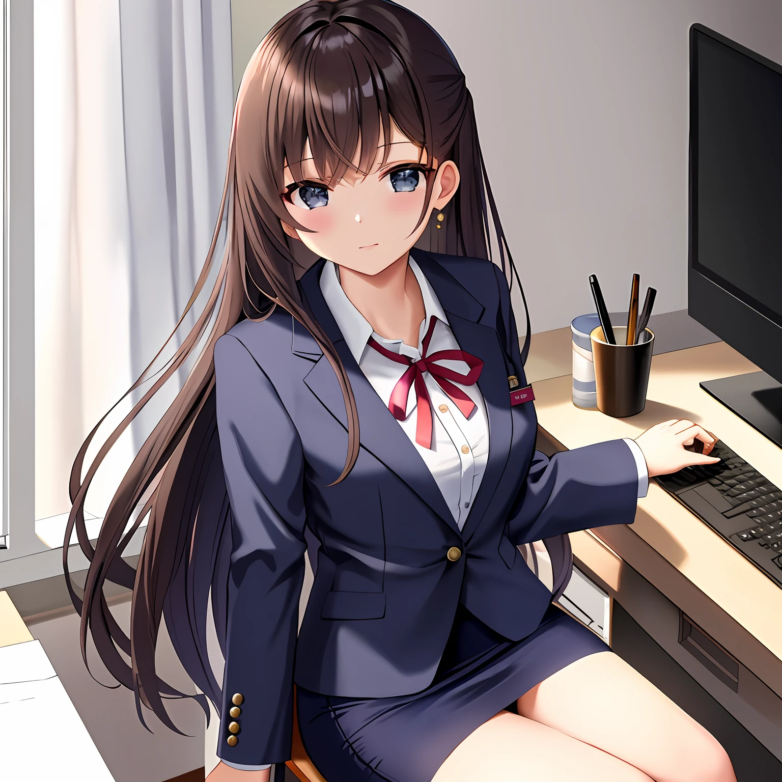 Master masterpiece、top-quality、Very delicate、(1girl in), Height 148cm、Bust 85cm、Waist 56cm、Hip 85cm、F-cup、23years old、very baby face、Brown hair、semi long hair、Modern office background、sitting on, a chair, desk work, Computer on desk, Name Tag Strap、ID Tags, 校服、Navy blue jacket、Navy blue pencil skirt、Large wide tie ribbon at collar,,.