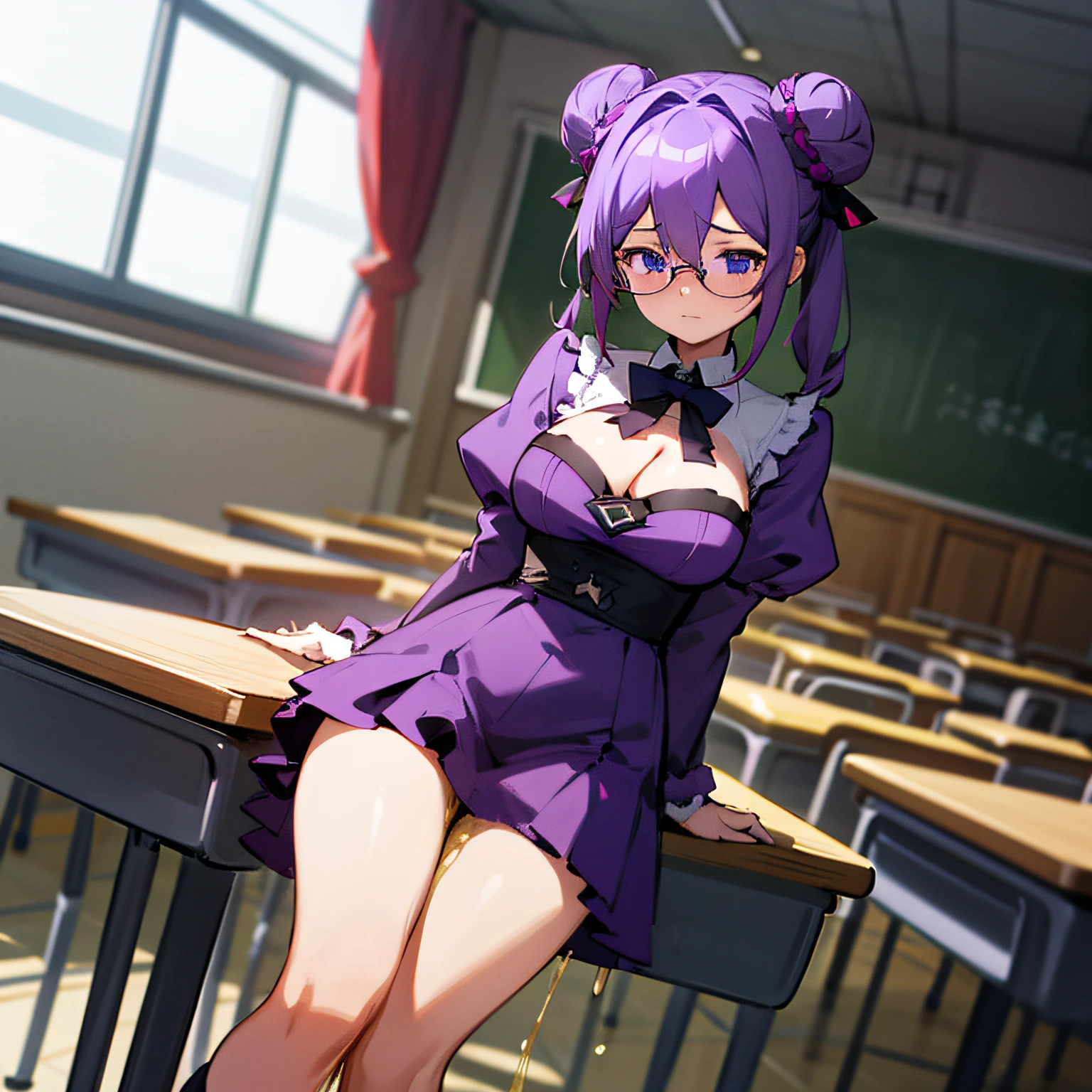 tmasterpiece， Best quality at best， highr， mafuyu1， 1girll， double bun hair， Purple hair， eBlue eyes， hair between eye， pigtails，big cleavage breasts， Purple porcelain dress， Behind desks in the classroom， Sat down，Bulging lower abdomen， Glasses，Urine on the legs，Clamp your legs，Place your hands on the base of your thighs，are standing，embarressed，Frown，Be red in the face，（girl is peeing self：0.4）