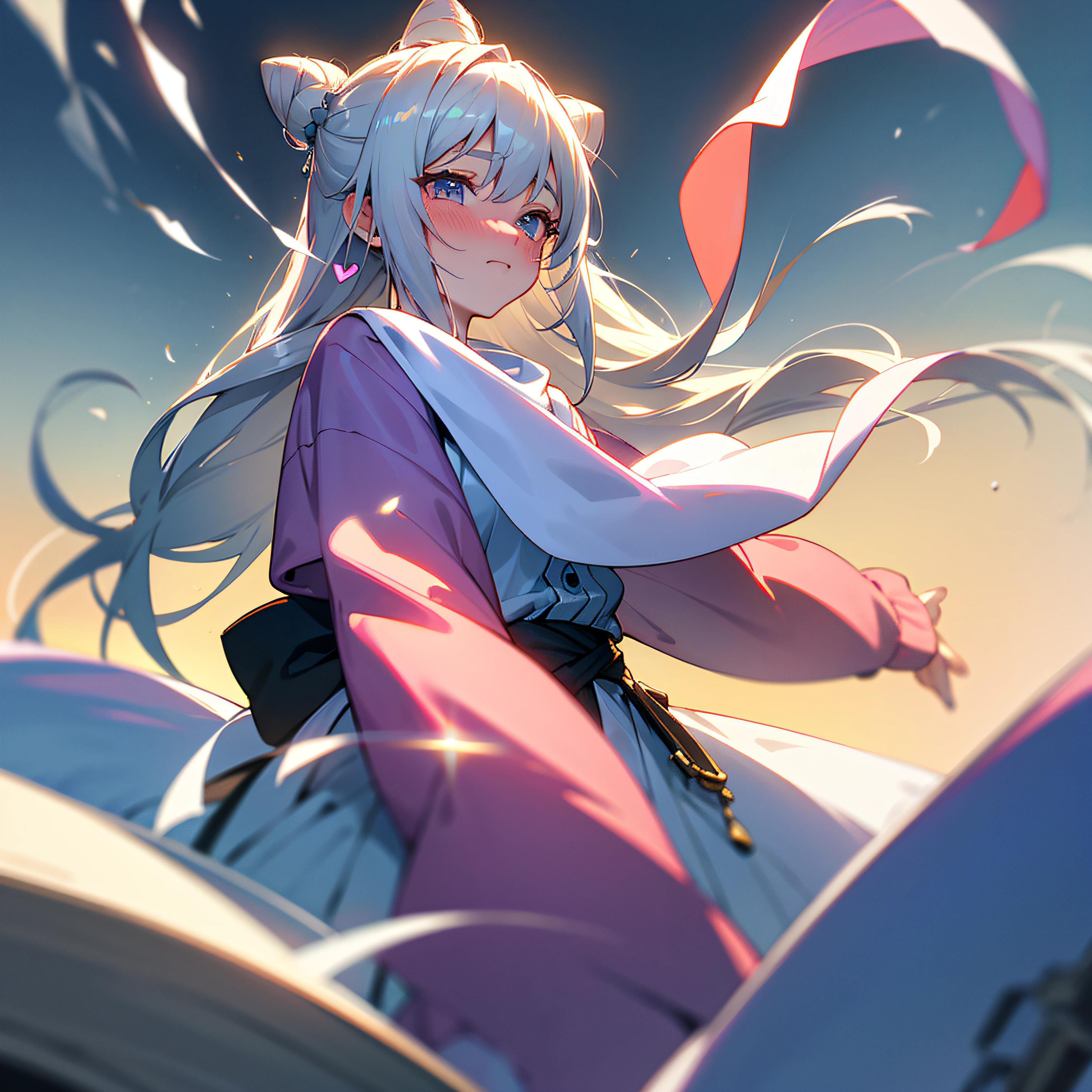 longeyelashes, ear blush, eye reflection, gradient eyes, tearing up, full-face blush, nose blush, heart hair bun, shiny hair, silver hair, long hair, hair bun, pyjamas, drop shadow, pov, atmospheric perspective, anime style, Sony FE GM, anime, cowboy shot, god rays, super detail, ccurate, best quality, 4K --auto