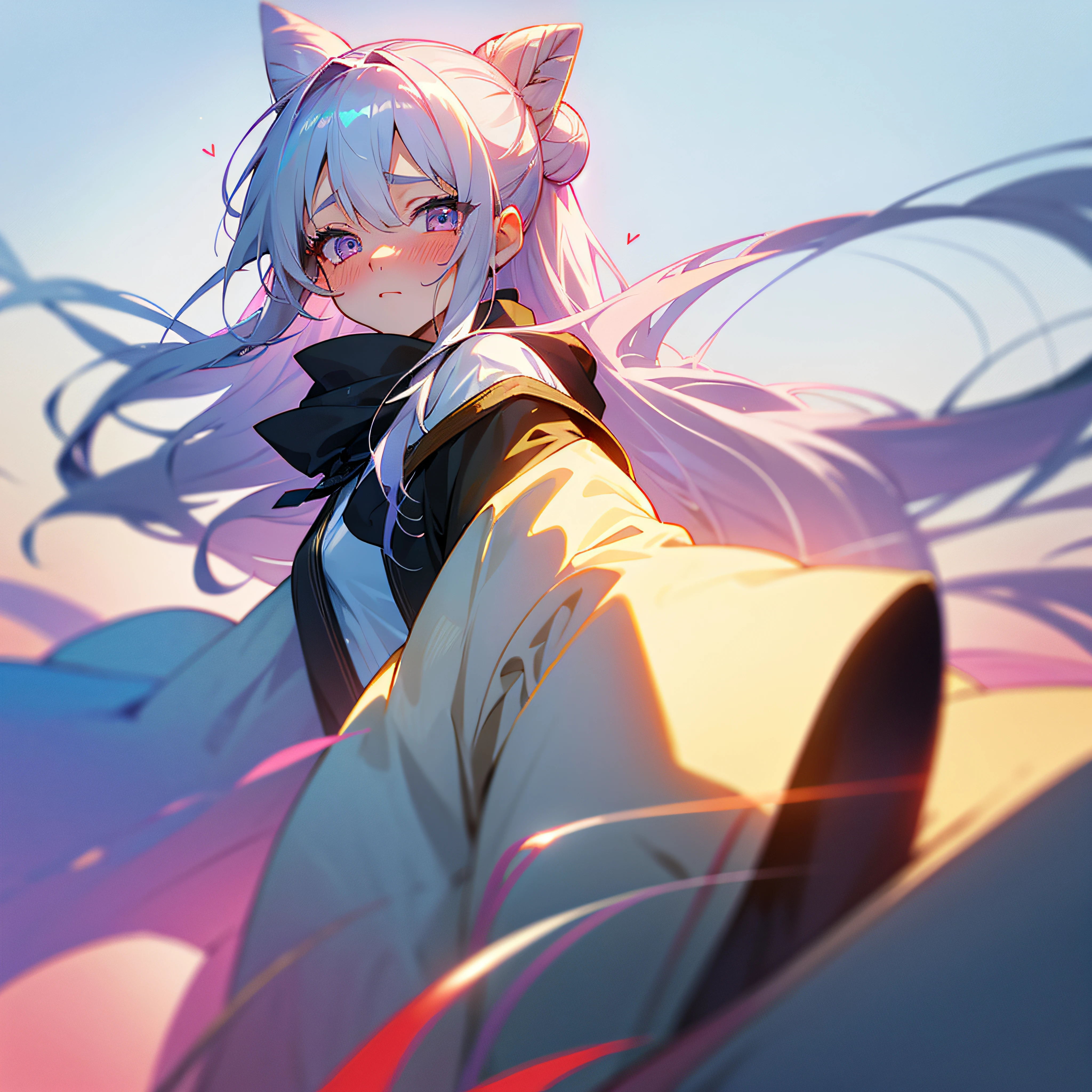 longeyelashes, ear blush, eye reflection, gradient eyes, tearing up, full-face blush, nose blush, heart hair bun, shiny hair, silver hair, long hair, hair bun, pyjamas, drop shadow, pov, atmospheric perspective, anime style, Sony FE GM, anime, cowboy shot, god rays, super detail, ccurate, best quality, 4K --auto