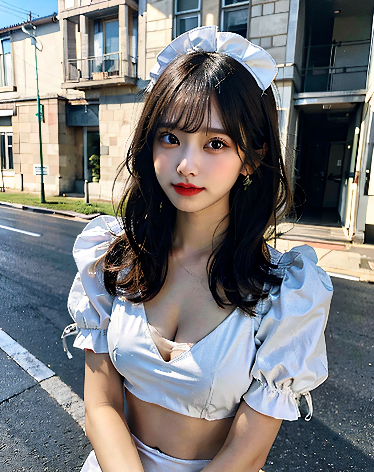 top-quality、Hi-Res、8K、Girl 1 Mature Mature Mature Woman Person、during the day、、A dark-haired、short-cut、with light glowing、outside of house、Luxury、(Medium Hair)、Beautiful detail sky、Beautiful earrings、(dynamicposes:0.8)、(fullllbody:1.2)、Soft breeze、shinny skin、line of sight、Bust、(Maids、undergarment、1.2)、croptop、a navel(cleavage of the breast:1.12)