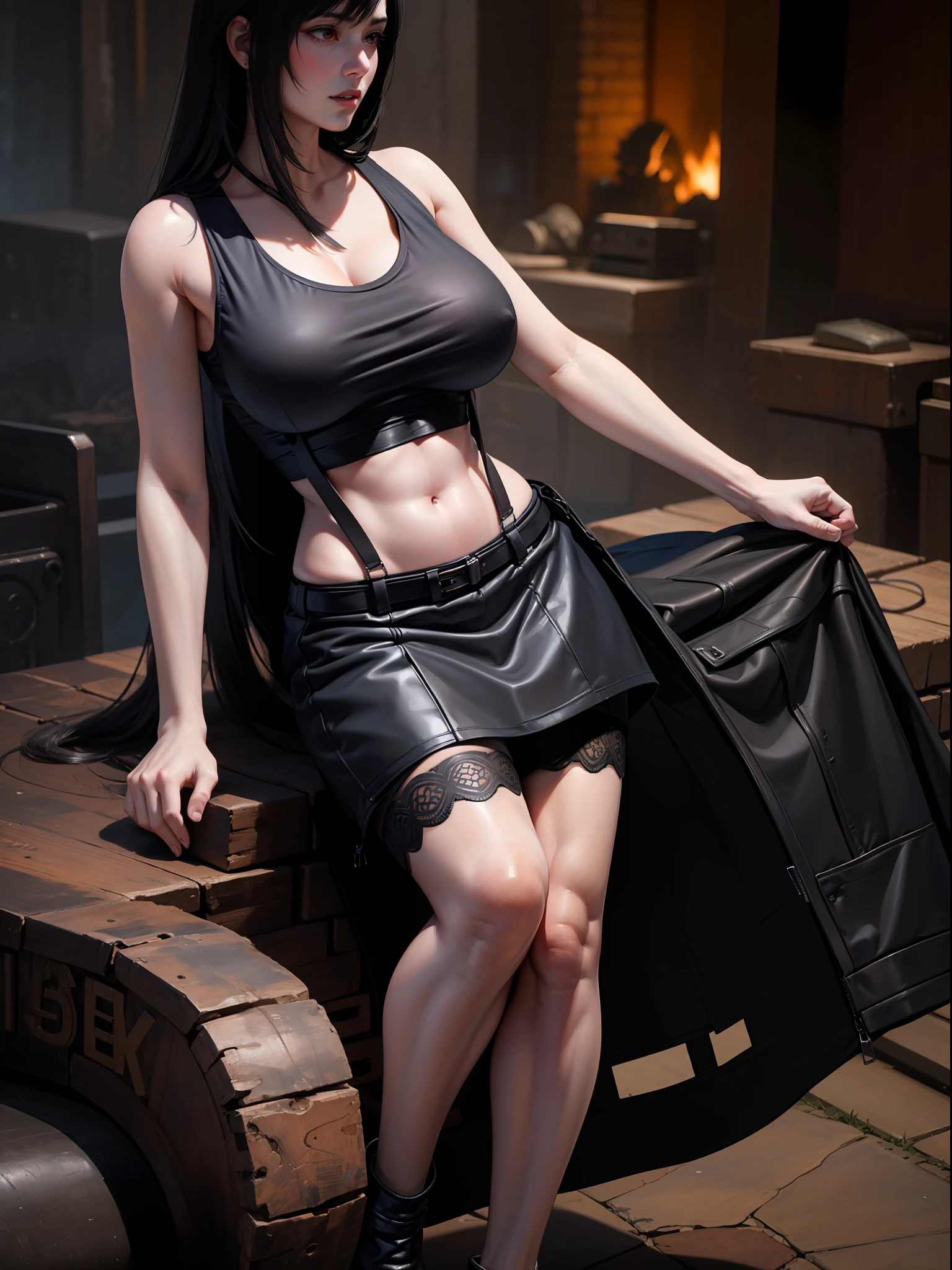official art, unity 8k wallpaper, ultra detailed, beautiful and aesthetic, masterpiece, best quality, 1girl, extremely detailed, dynamic angle, cowboyshot, the most beautiful form of chaos, elegant, a brutalist designed, vivid colours, romanticism, by james jean, roby dwi antono, ross tran, francis bacon, michal mraz, adrian ghenie, petra cortright, gerhard richter, takato yamamoto, ashley wood, atmospheric. Tifa lockhart, long black hair, red eyes, hair bangs, (white tank top:1.5), black miniskirt, suspenders, stockings, (huge breasts:1.5), cleavage, in a park, bokeh background, one girl, 1 girl, thin waist, wide hips, exposed abdomen, toned abs, toned arms, close up