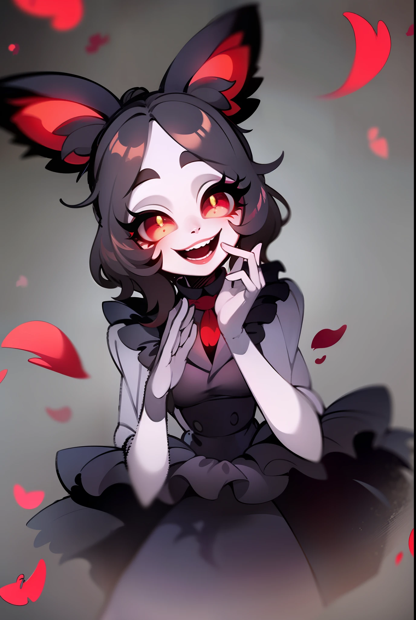 Cloverdemon, clover face, face de la plante, Yeux de chat, red petals, black petals, Clown, pale skinned, sourire, contenu, suffisant, hazbin hotel style,