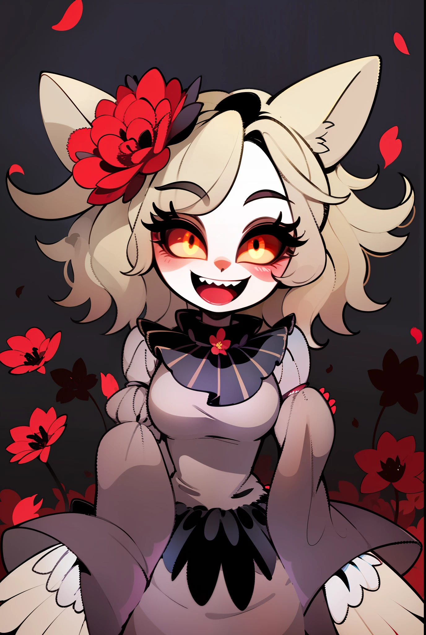 Cloverdemon, clover face, face de la plante, Yeux de chat, red petals, black petals, Clown, pale skinned, sourire, contenu, suffisant, hazbin hotel style,