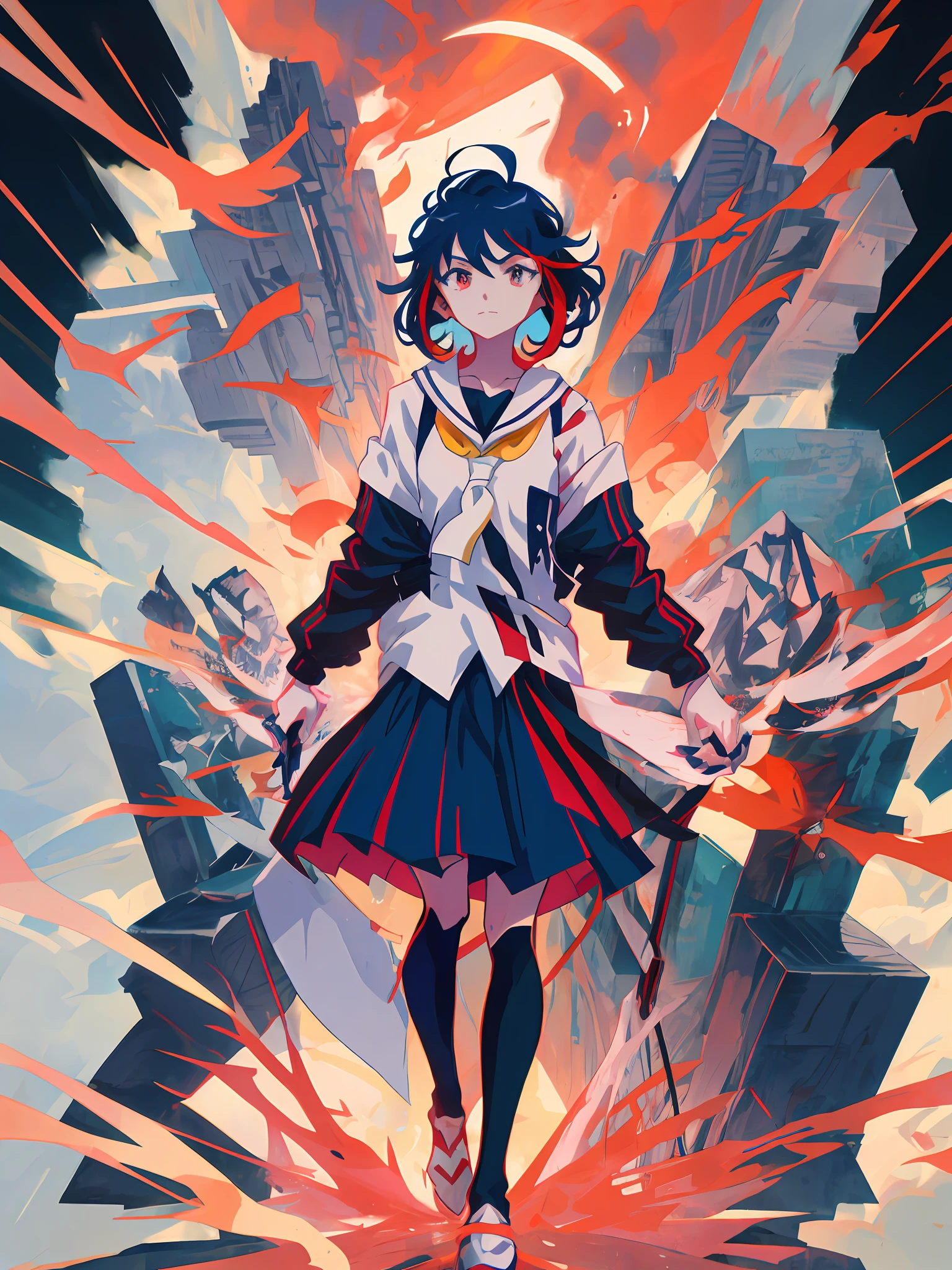 Anime girl with blue hair and red dress standing in front of the mountain, ryuko matoi, style of anime4 K, attractive matoi ryuko, Anime art wallpaper 8 K, Anime art wallpaper 4 K, Anime art wallpaper 4k, Badass anime 8 K, Official artwork, Kill Pull Kill illustration, Anime wallpaper 4 k, Anime wallpaper 4K