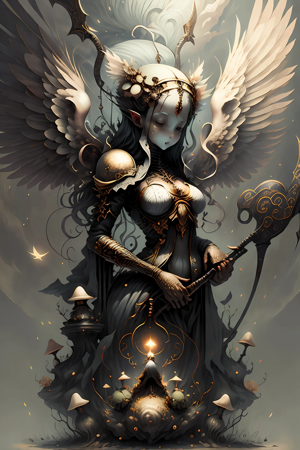 creature00d, toadstools, Illustration, Abstract illusionism,Angel wings、Beautiful woman、huge scythe