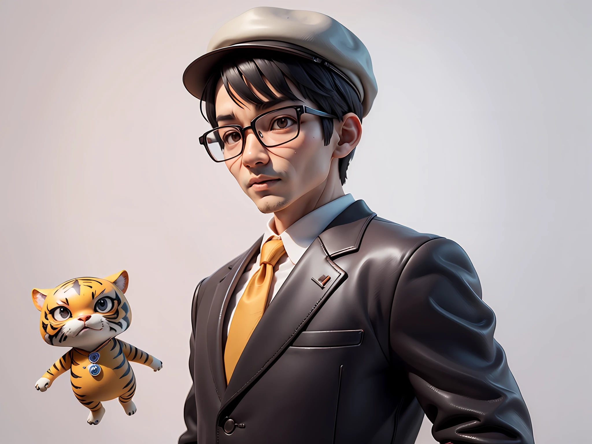 Young man with oriental face in leather hat, tiger, oriental face in formal suit, short black hair, silver glasses, digital painting, 3D character design by Mark Clairedon and Pixar and Hayao Miyazaki and Akira Toriyama, the illustration is a high-definition illustration in 4K resolution with very detailed facial features and cartoon-style visuals.