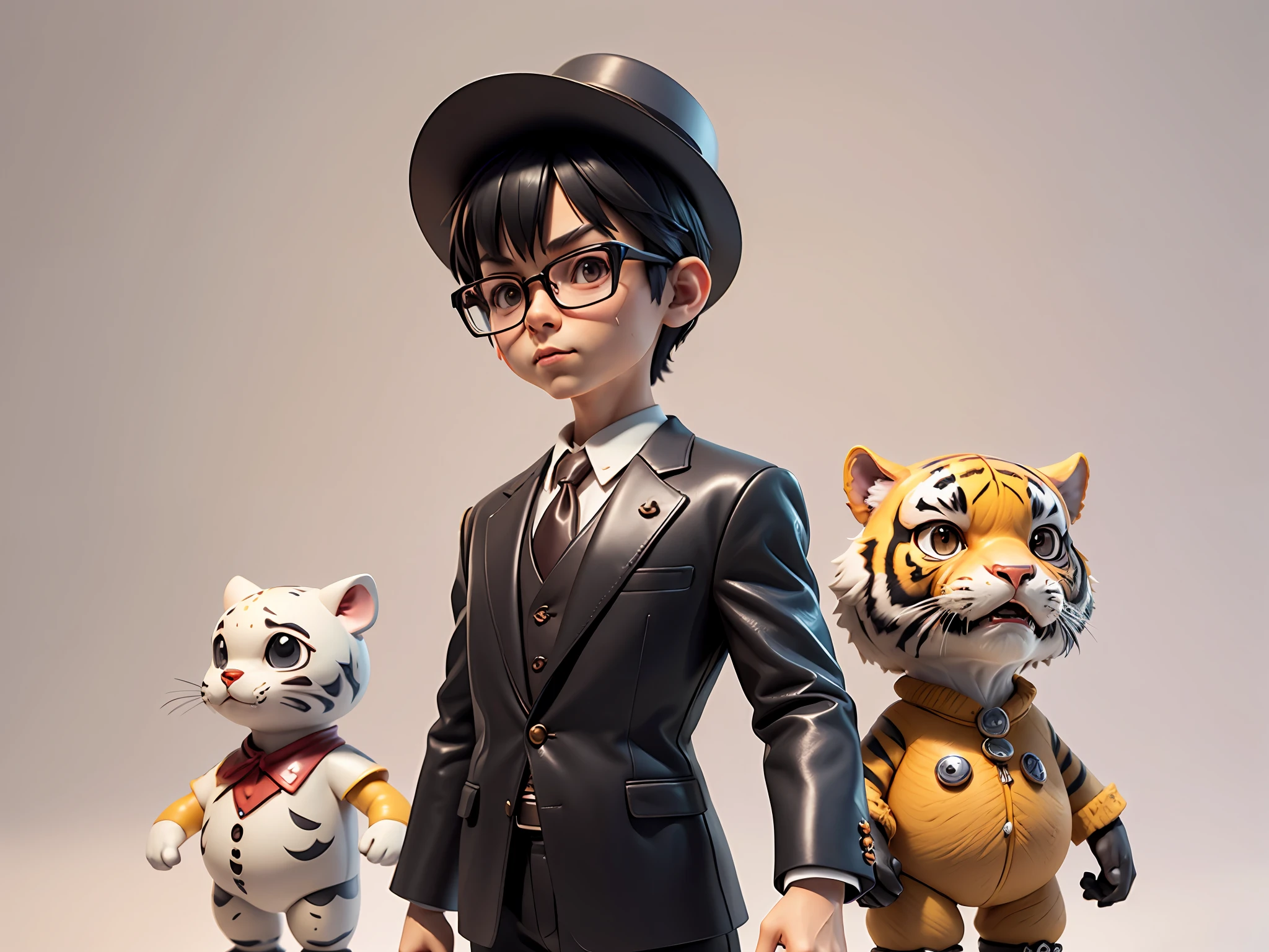 Young man with oriental face in leather hat, tiger, oriental face in formal suit, short black hair, silver glasses, digital painting, 3D character design by Mark Clairedon and Pixar and Hayao Miyazaki and Akira Toriyama, the illustration is a high-definition illustration in 4K resolution with very detailed facial features and cartoon-style visuals.