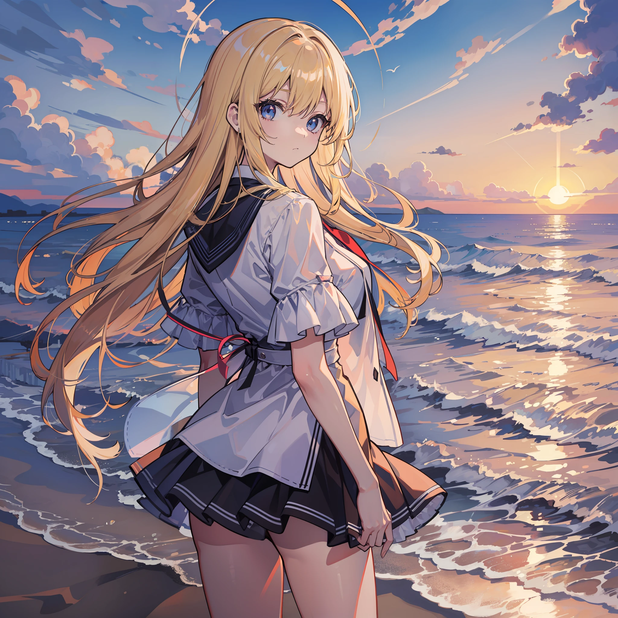 tmasterpiece,Need,Ultra photo realsisim,8k,Mare,sandbeach,the sunset,Blonde girl,比基尼,