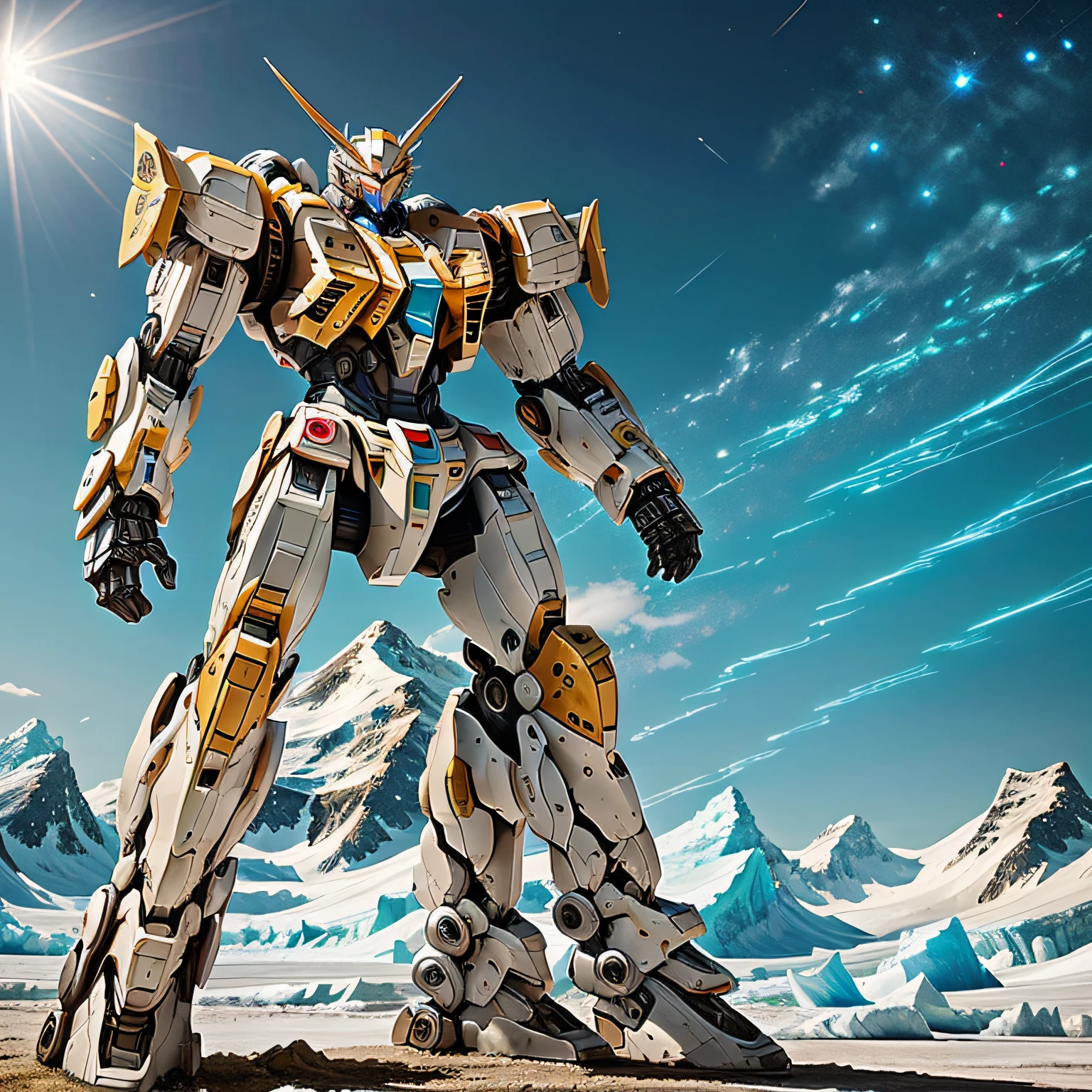 In this full-body shot,We can see a highly detailed and textured Gundam robot flying towards the battlefield,Look up at the perspective,great clarity。The metal surface sparkles in the light,The intricate mechanical details of its armor and weapons are highlighted,Each bolt、The connectors and cables are well made,Gives this powerful Gundam machine a sense of power and precision。hard lighting , globalillumination, brightly, cosmic nebulae, A detailed, Ultra photo realsisim, Background trends of glaciers, Bright background, Rich in detail – AR 1:1 to Niji 5 --auto