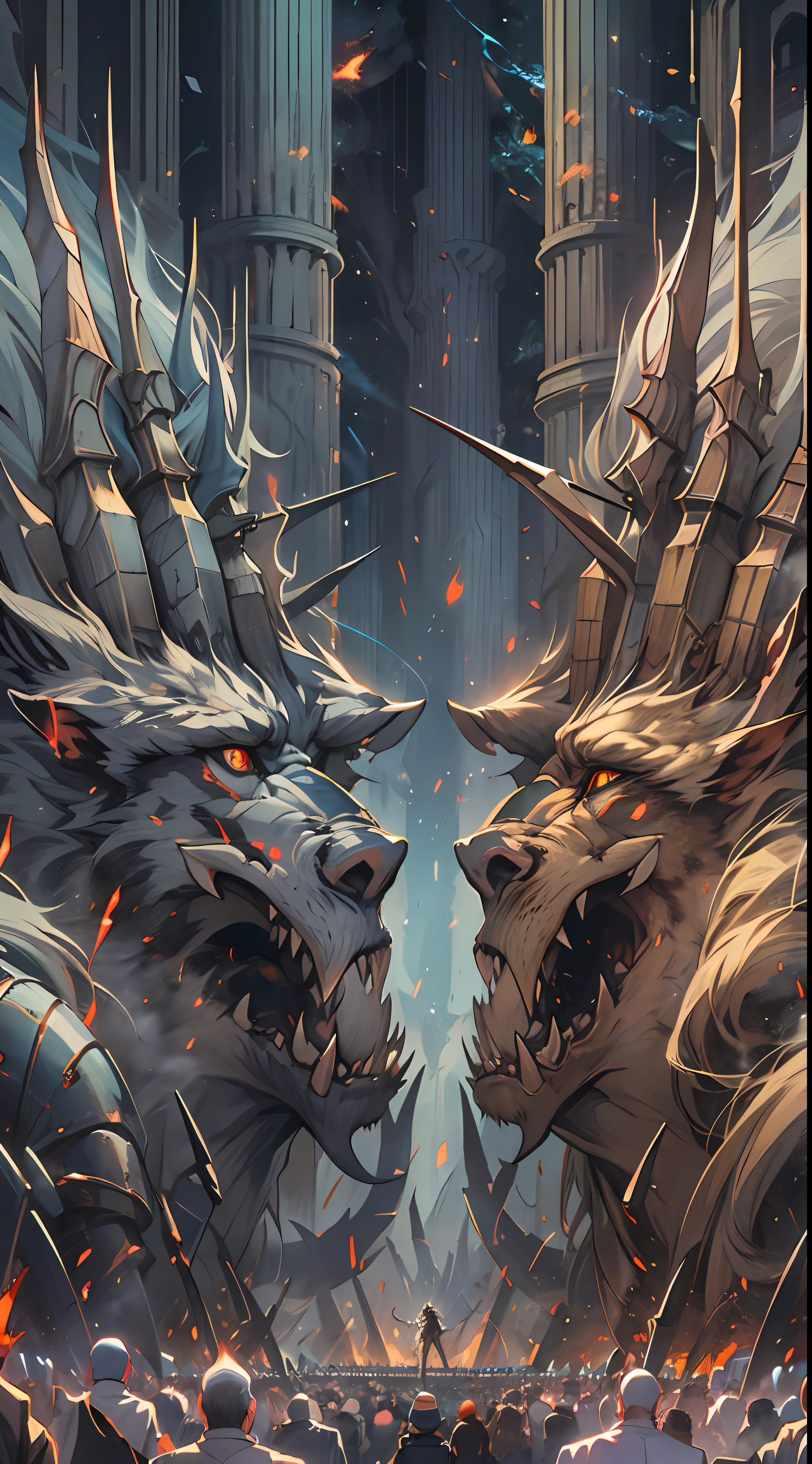 Two powerful forces facing each other, with thousands of people on each side, their gazes intersecting, creating a tense and intense atmosphere, 32k, best quality, masterpiece, super detail, high details,