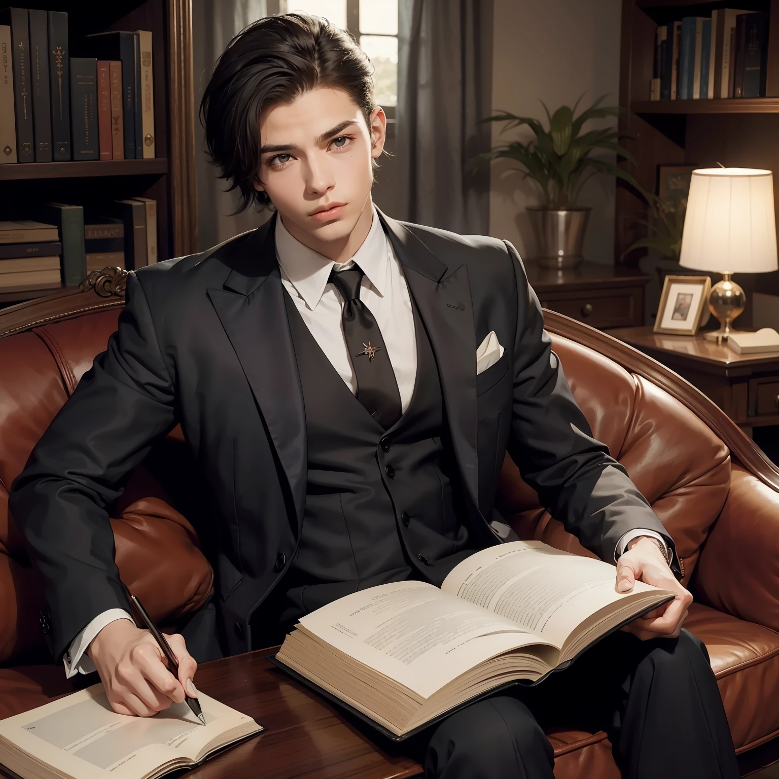 A young man,Macho, androgynous, elegante,sentado em uma cadeira lendo um livro,